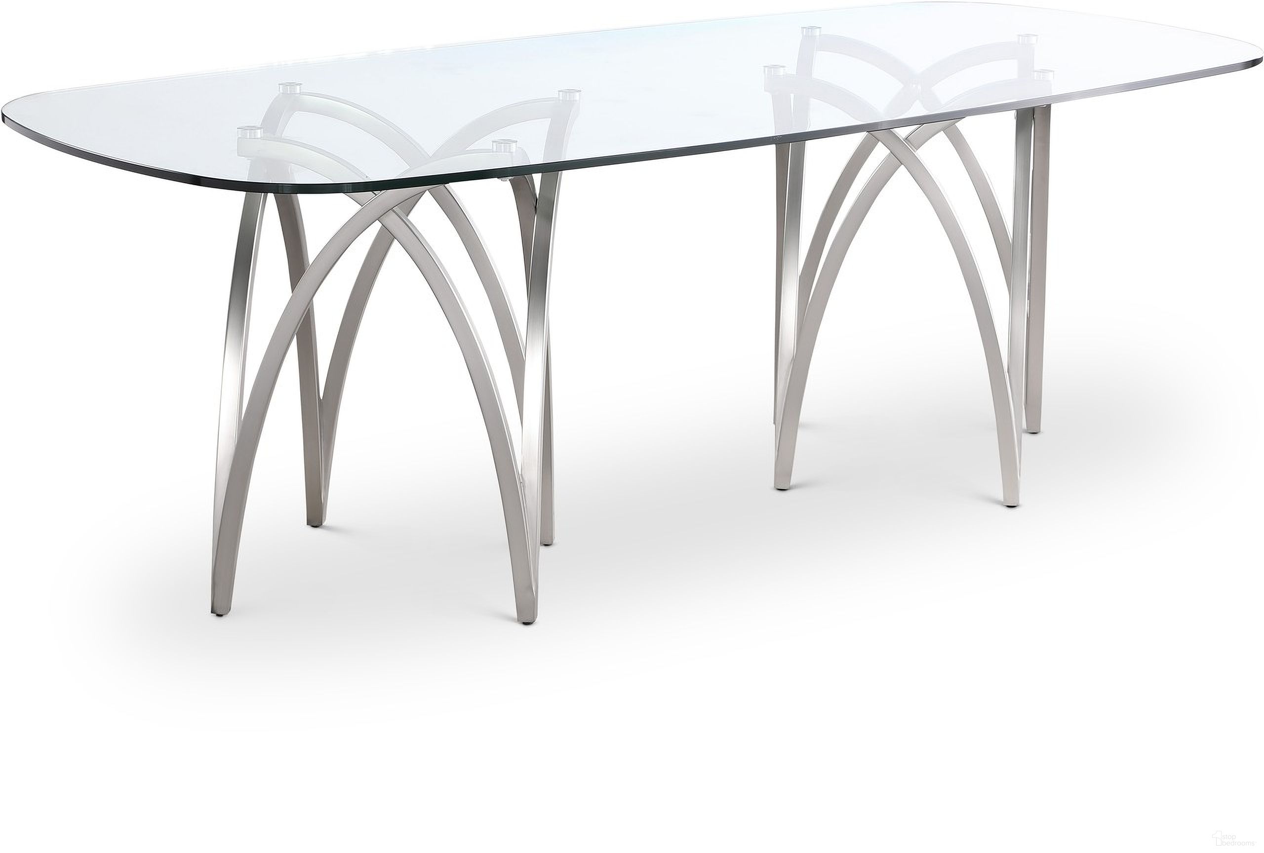 The appearance of Madelyn Dining Table In Silver designed by Meridian in the modern / contemporary interior design. This silver piece of furniture was selected by 1StopBedrooms from Madelyn Collection to add a touch of cosiness and style into your home. Sku: 554-T Box 1/2 (Glass Top);554-T Box 2/2 (Base). Table Base Style: Double Pedestal. Table Top Shape: Rectangular. Material: Iron. Size: 42" x 91".