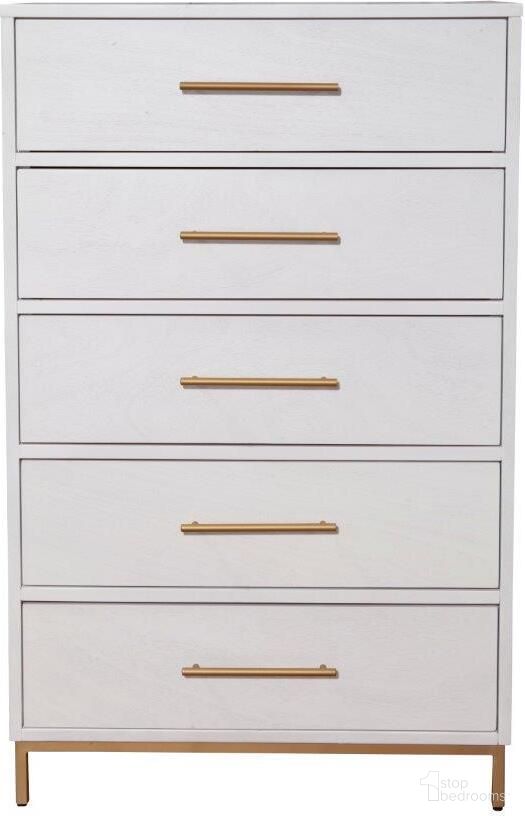 The appearance of Madelyn Five Drawer Chest In White designed by Alpine in the modern / contemporary interior design. This white piece of furniture was selected by 1StopBedrooms from Madelyn Collection to add a touch of cosiness and style into your home. Sku: 2010-05. Material: Mahogany.