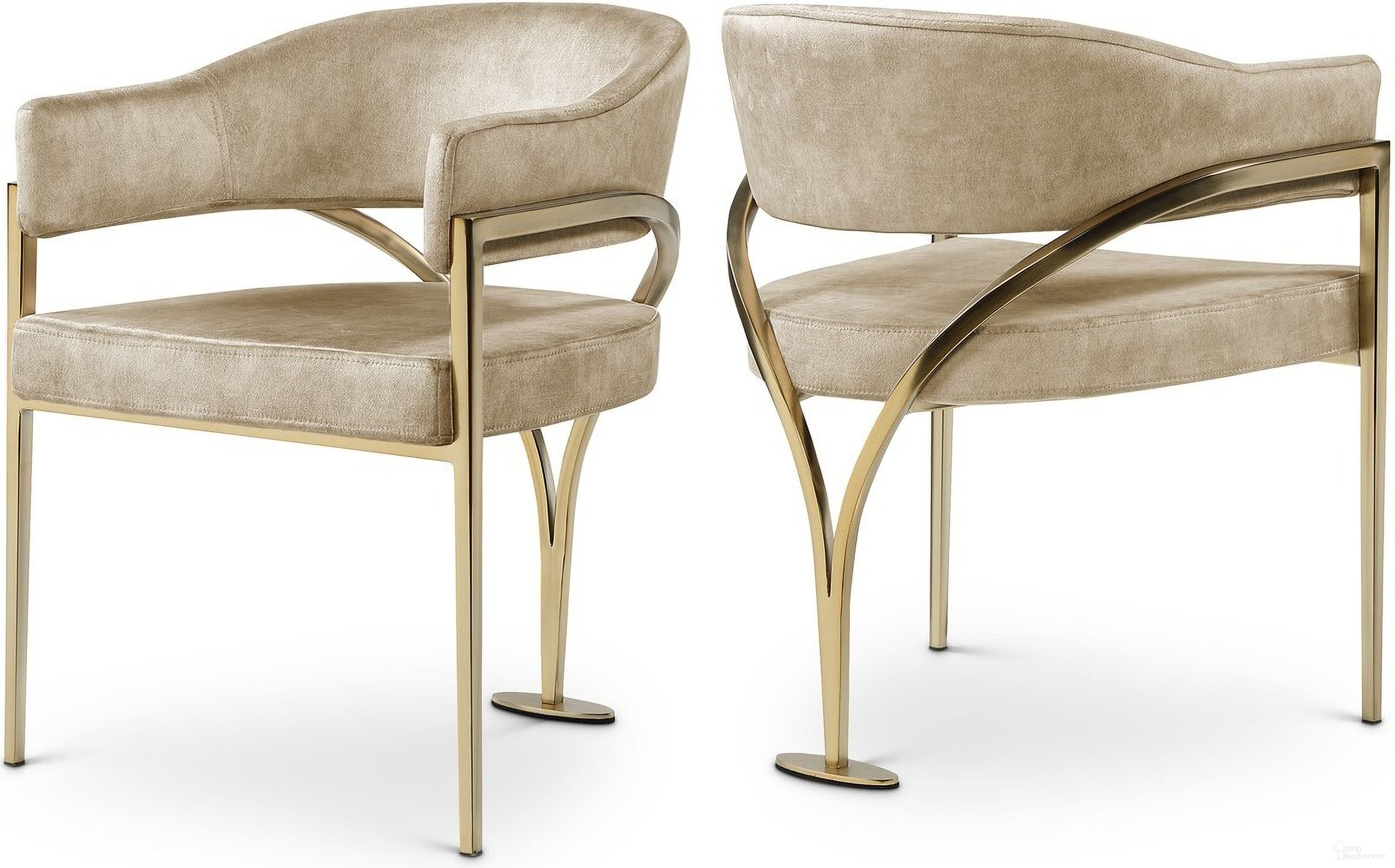 The appearance of Madelyn Velvet Dining Chair Set of 2 In Beige/Gold designed by Meridian in the modern / contemporary interior design. This beige piece of furniture  was selected by 1StopBedrooms from Madelyn Collection to add a touch of cosiness and style into your home. Sku: 553Beige-C. Material: Velvet. Chair Type: Arm Chair.