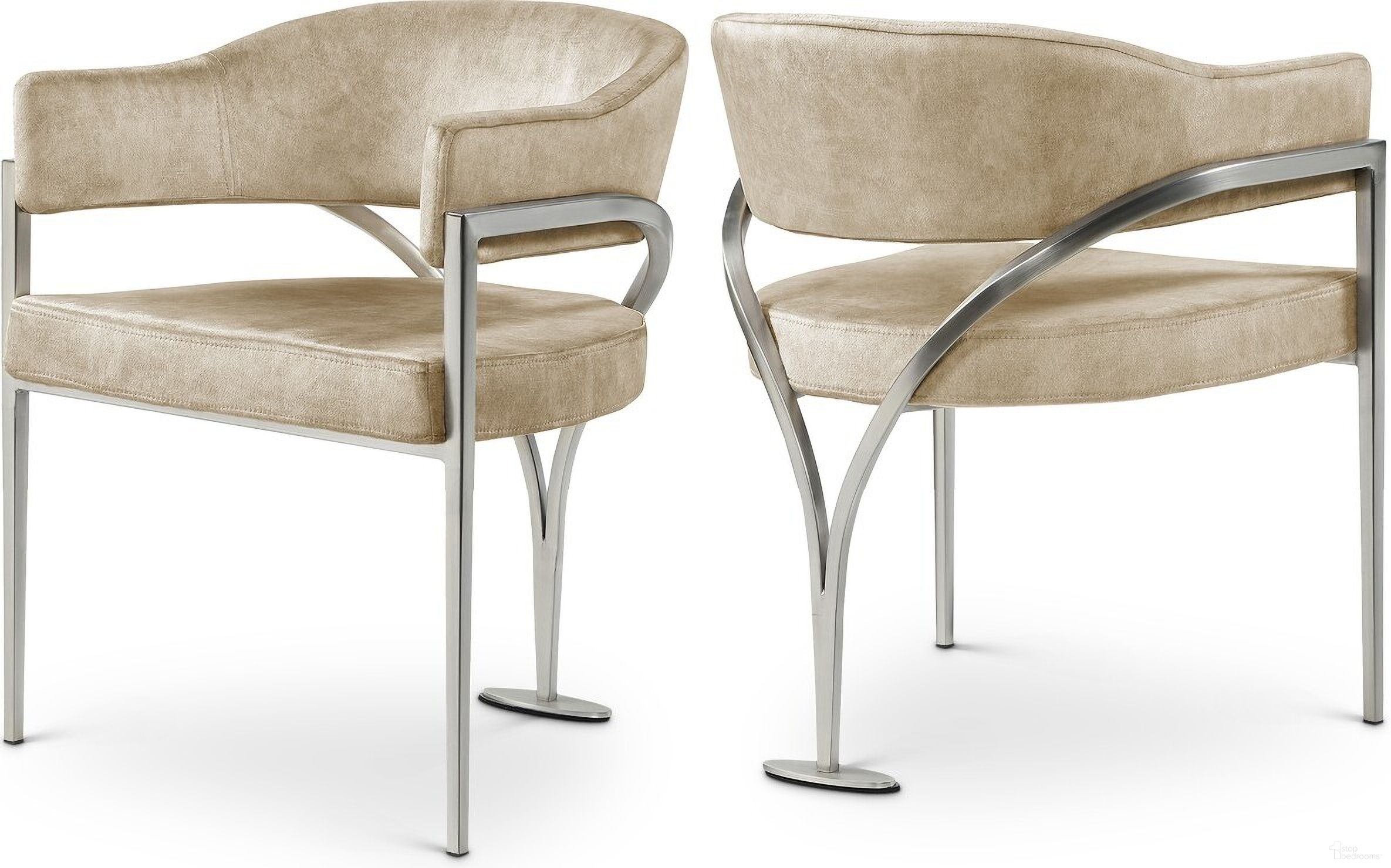 The appearance of Madelyn Velvet Dining Chair Set of 2 In Beige/Silver designed by Meridian in the modern / contemporary interior design. This beige piece of furniture was selected by 1StopBedrooms from Madelyn Collection to add a touch of cosiness and style into your home. Sku: 554Beige-C. Material: Velvet. Chair Type: Arm Chair.