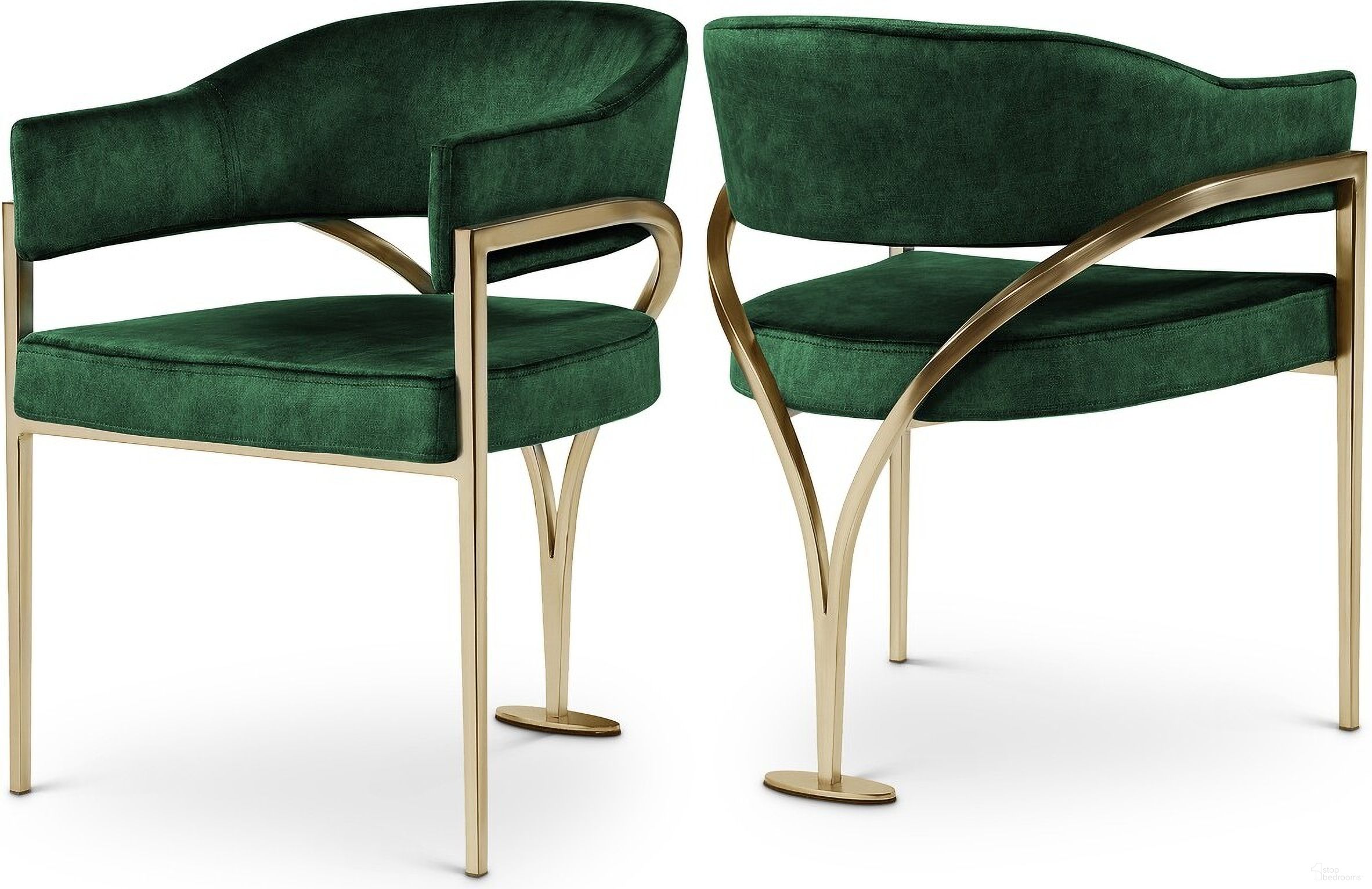 The appearance of Madelyn Velvet Dining Chair Set of 2 In Green/Gold designed by Meridian in the modern / contemporary interior design. This green piece of furniture was selected by 1StopBedrooms from Madelyn Collection to add a touch of cosiness and style into your home. Sku: 553Green-C. Material: Velvet. Chair Type: Arm Chair.