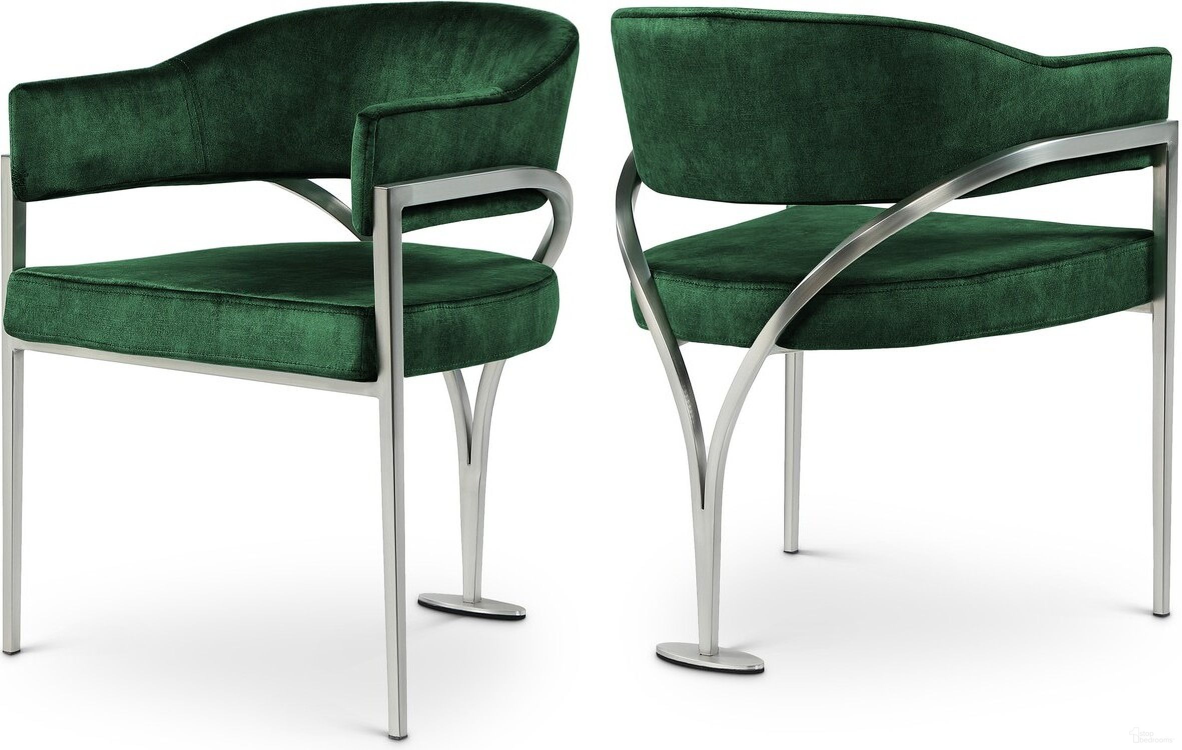 The appearance of Madelyn Velvet Dining Chair Set of 2 In Green/Silver designed by Meridian in the modern / contemporary interior design. This green piece of furniture  was selected by 1StopBedrooms from Madelyn Collection to add a touch of cosiness and style into your home. Sku: 554Green-C. Material: Velvet. Chair Type: Arm Chair.