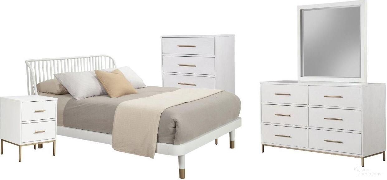 The appearance of Madelyn White Slat Back Platform Bedroom Set designed by Alpine in the transitional interior design. This white piece of furniture was selected by 1StopBedrooms from Madelyn Collection to add a touch of cosiness and style into your home. Sku: 2010-61Q;2010-02. Bed Type: Platform Bed. Bed Size: Queen. Material: Wood Veneer.