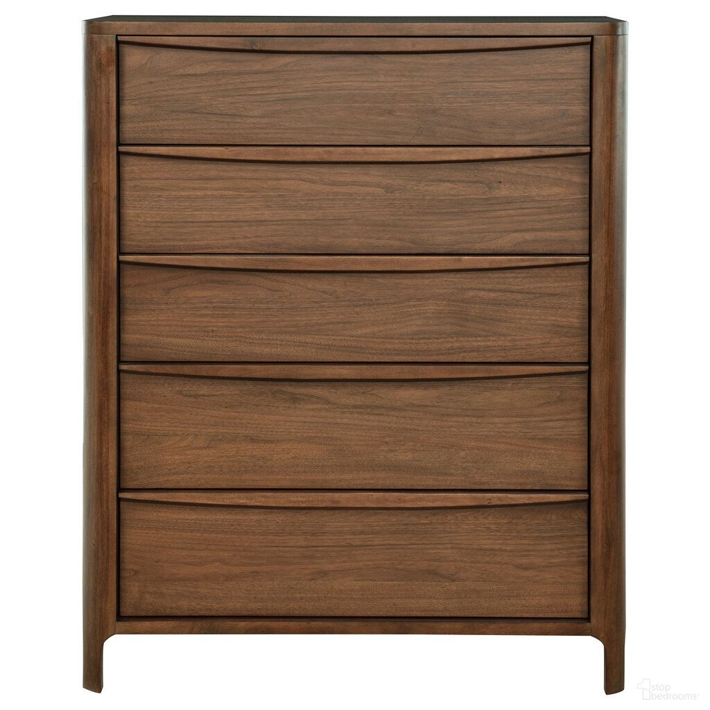 The appearance of Maderia 5-Drawer Chest of Drawers In Walnut designed by Coaster in the transitional interior design. This walnut piece of furniture was selected by 1StopBedrooms from Maderia Collection to add a touch of cosiness and style into your home. Sku: 223325. Material: MDF.