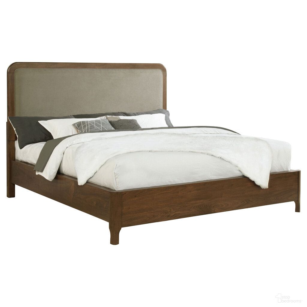The appearance of Maderia 57 Inch Upholstered California King Panel Bed Walnut In Walnut and Taupe designed by Coaster in the transitional interior design. This walnut/taupe piece of furniture was selected by 1StopBedrooms from Maderia Collection to add a touch of cosiness and style into your home. Sku: 223321KWB1;223321KWB2;223321KWB3. Bed Type: Panel Bed. Material: Polyester. Bed Size: California King.