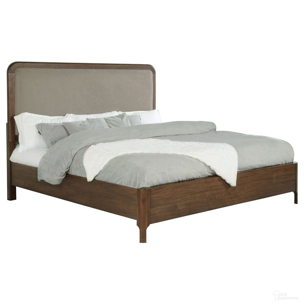 Maderia 57 Inch Upholstered Eastern King Panel Bed Walnut In Walnut and Taupe
