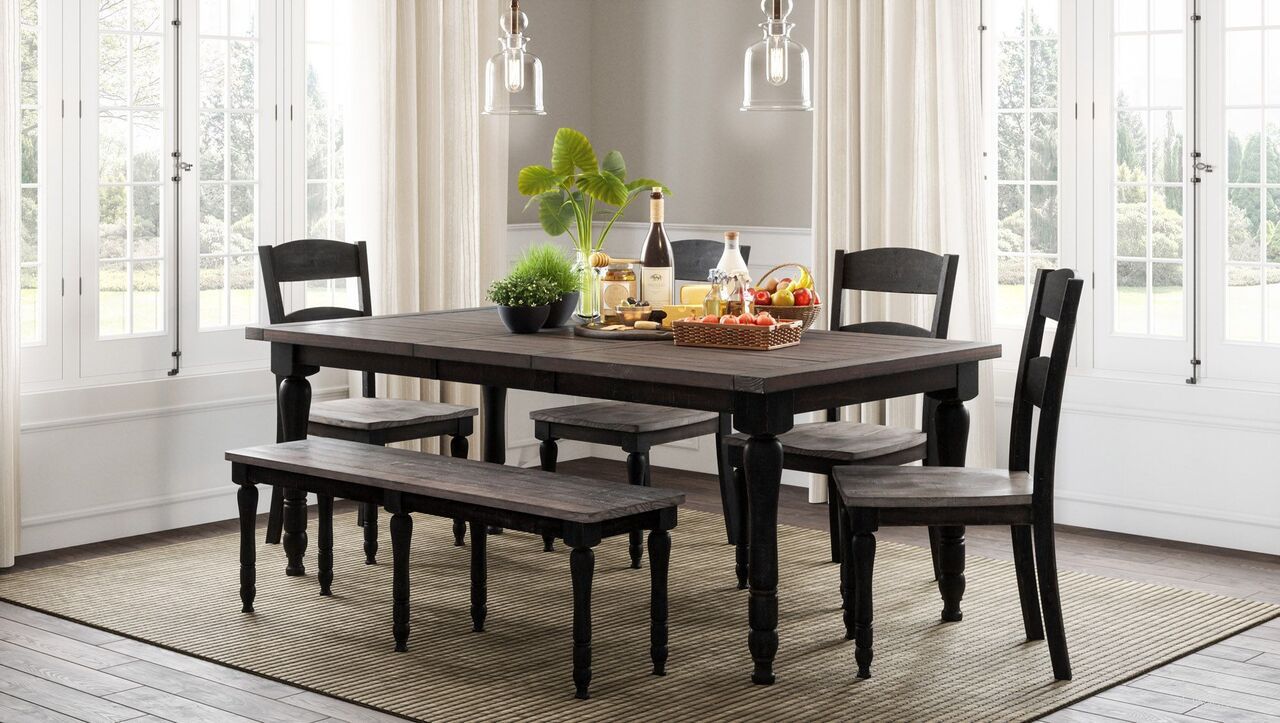 The appearance of Madison County Dining Room Set (Vintage Black and Barnwood) designed by Jofran in the traditional interior design. This vintage black piece of furniture was selected by 1StopBedrooms from Madison County Collection to add a touch of cosiness and style into your home. Sku: 1702-42;1702-420KD. Table Base Style: Legs. Table Top Shape: Rectangular. Material: Solid Pine. Size: 42" x 78".