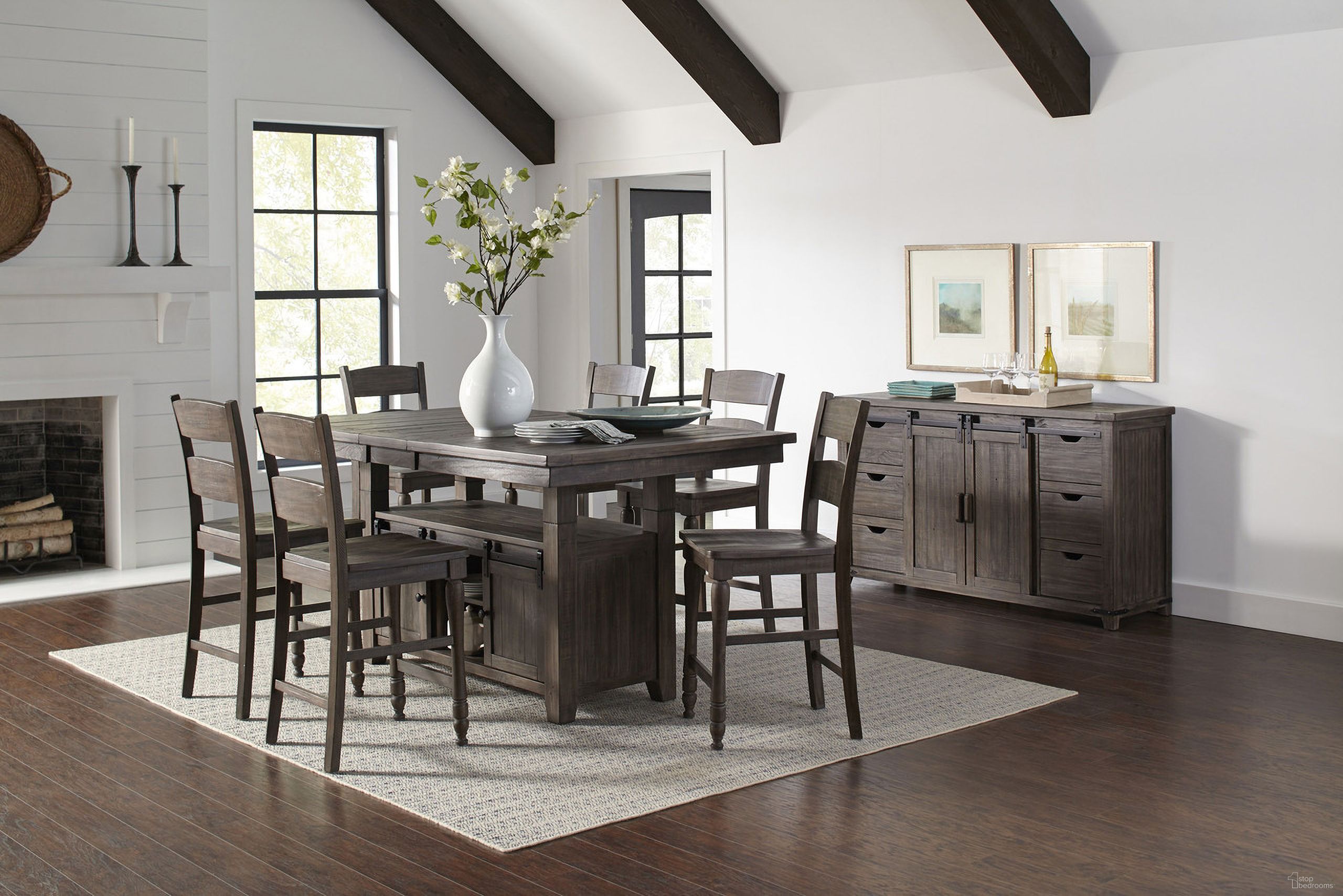 The appearance of Madison County 72 Inch Counter Height 7 Piece Dining Set In Brown designed by Jofran in the country / farmhouse interior design. This brown piece of furniture was selected by 1StopBedrooms from Madison County Collection to add a touch of cosiness and style into your home. Sku: 1700-72T;1700-72B;1700-BS401KD;1700-BS401KD;1700-BS401KD. Material: Pine.
