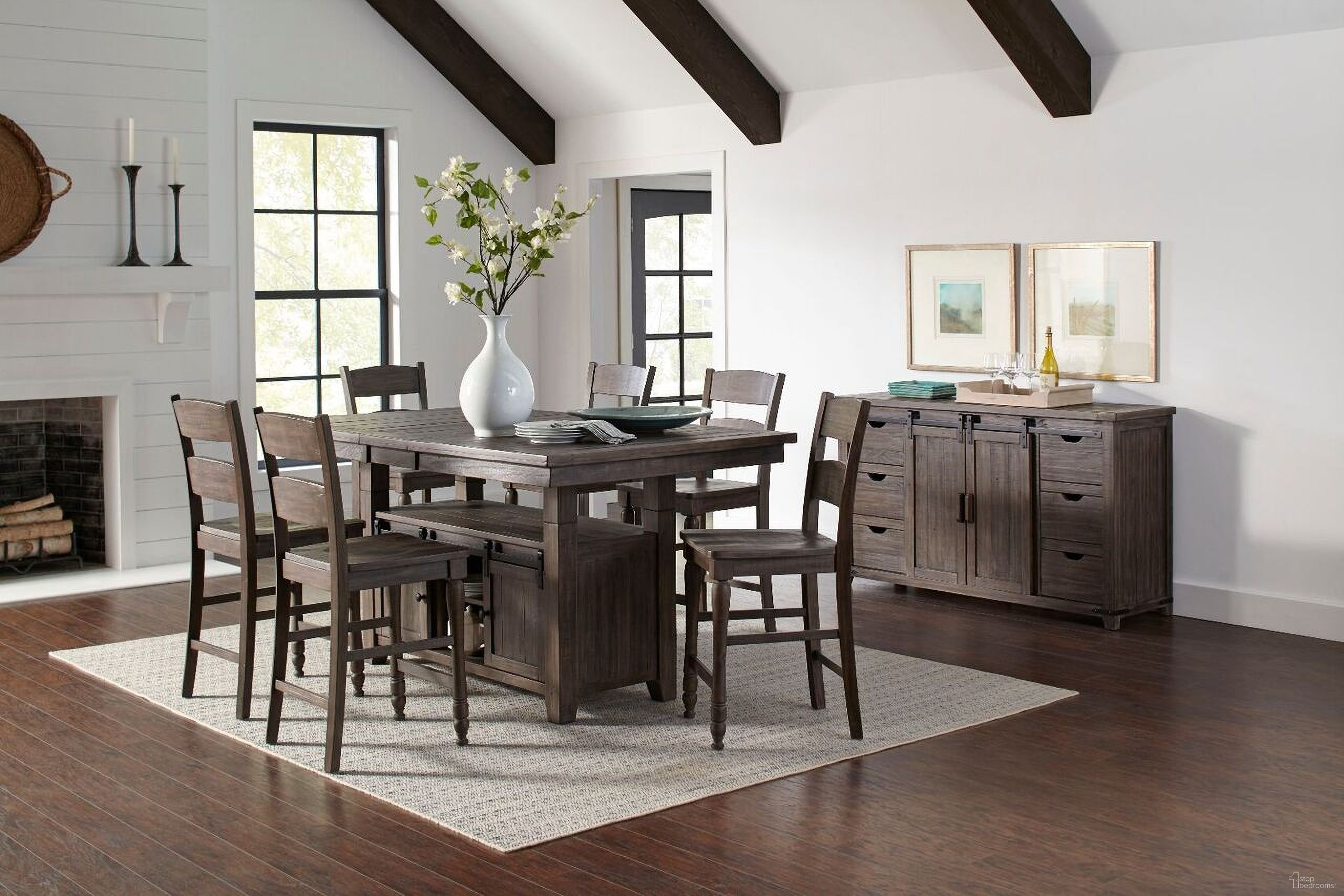 The appearance of Madison County 72 Inch Storage Table 7 Piece Dining Set In Brown designed by Jofran in the country / farmhouse interior design. This brown piece of furniture  was selected by 1StopBedrooms from Madison County Collection to add a touch of cosiness and style into your home. Sku: 1700-72T;1700-72B;1700-401KD;1700-401KD;1700-401KD. Material: Pine.