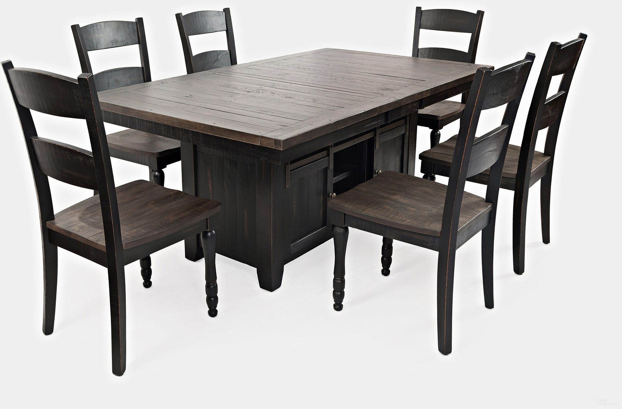 The appearance of Madison County 72 Inch Storage Table 7 Piece Dining Set In Vintage Black designed by Jofran in the country / farmhouse interior design. This vintage black piece of furniture was selected by 1StopBedrooms from Madison County Collection to add a touch of cosiness and style into your home. Sku: 1702-72T;1702-72B;1702-401KD;1702-401KD;1702-401KD. Material: Pine.