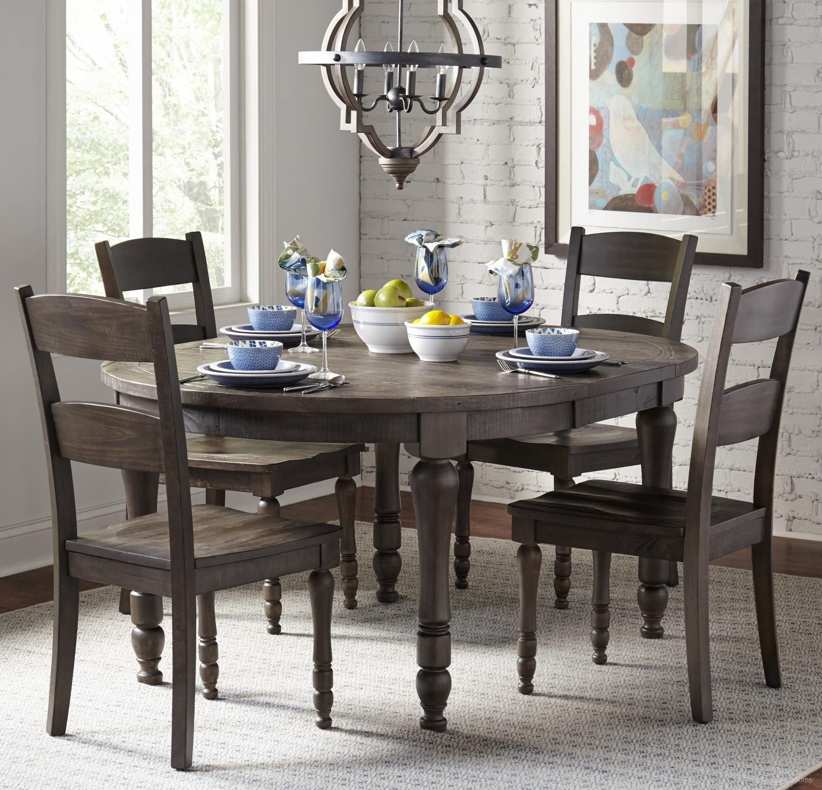 The appearance of Madison County Round to Oval Dining Room Set (Barnwood) designed by Jofran in the traditional interior design. This brown piece of furniture was selected by 1StopBedrooms from Madison County Collection to add a touch of cosiness and style into your home. Sku: 1700-66;1700-401KD. Table Base Style: Legs. Table Top Shape: Round. Material: Pine. Size: 48".