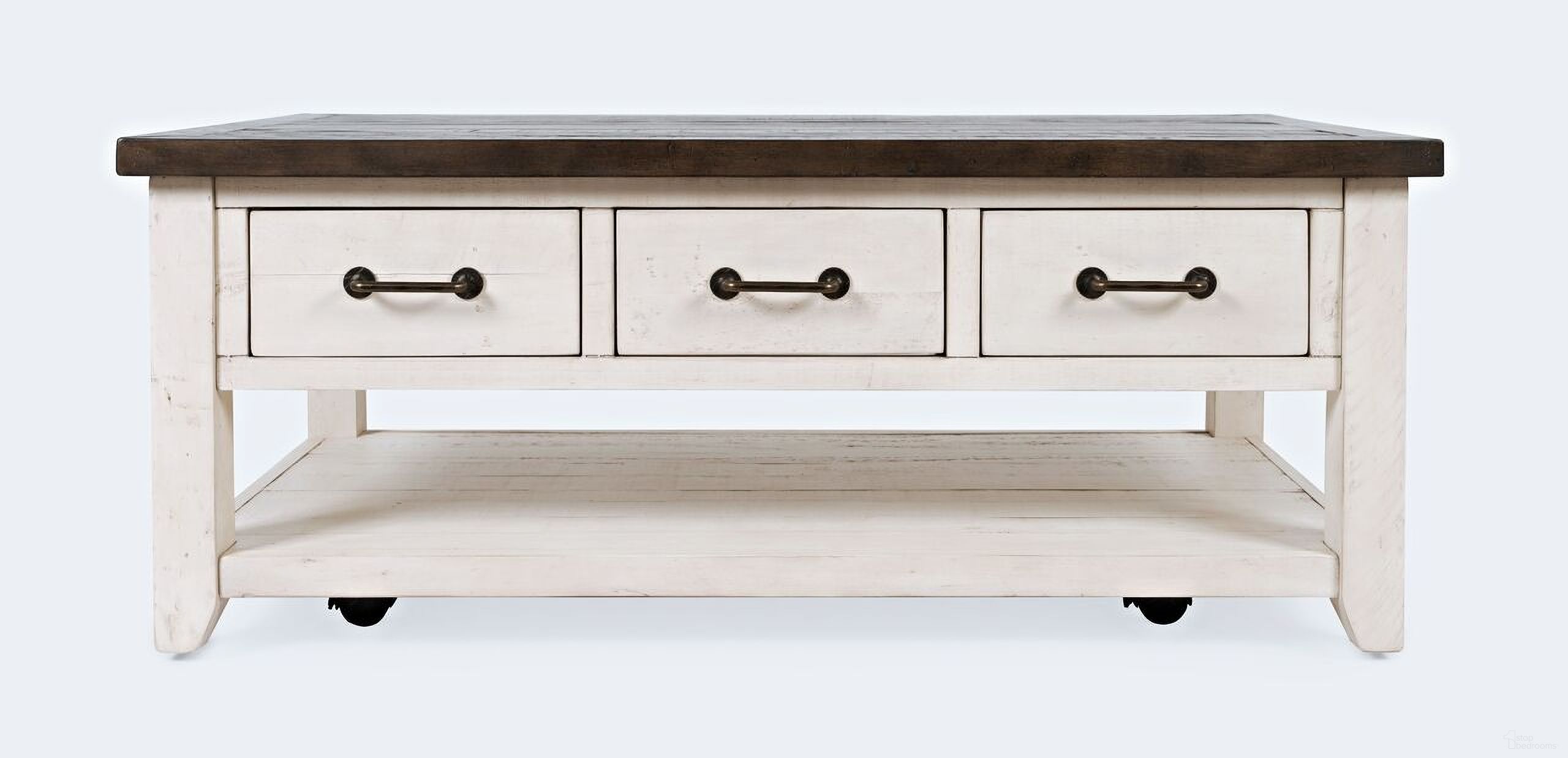 The appearance of Madison County 48 Inch Harris 3 Drawer Coffee Table In Vintage White designed by Jofran in the country / farmhouse interior design. This vintage white piece of furniture was selected by 1StopBedrooms from Madison County Collection to add a touch of cosiness and style into your home. Sku: 1706-11. Material: Pine.