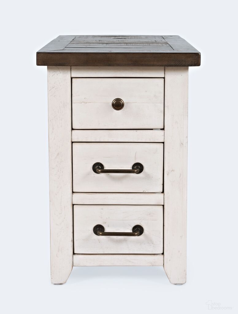 The appearance of Madison County Harris USB Charging Chairside Table In Vintage White designed by Jofran in the country / farmhouse interior design. This vintage white piece of furniture was selected by 1StopBedrooms from Madison County Collection to add a touch of cosiness and style into your home. Sku: 1706-18. Material: Pine.