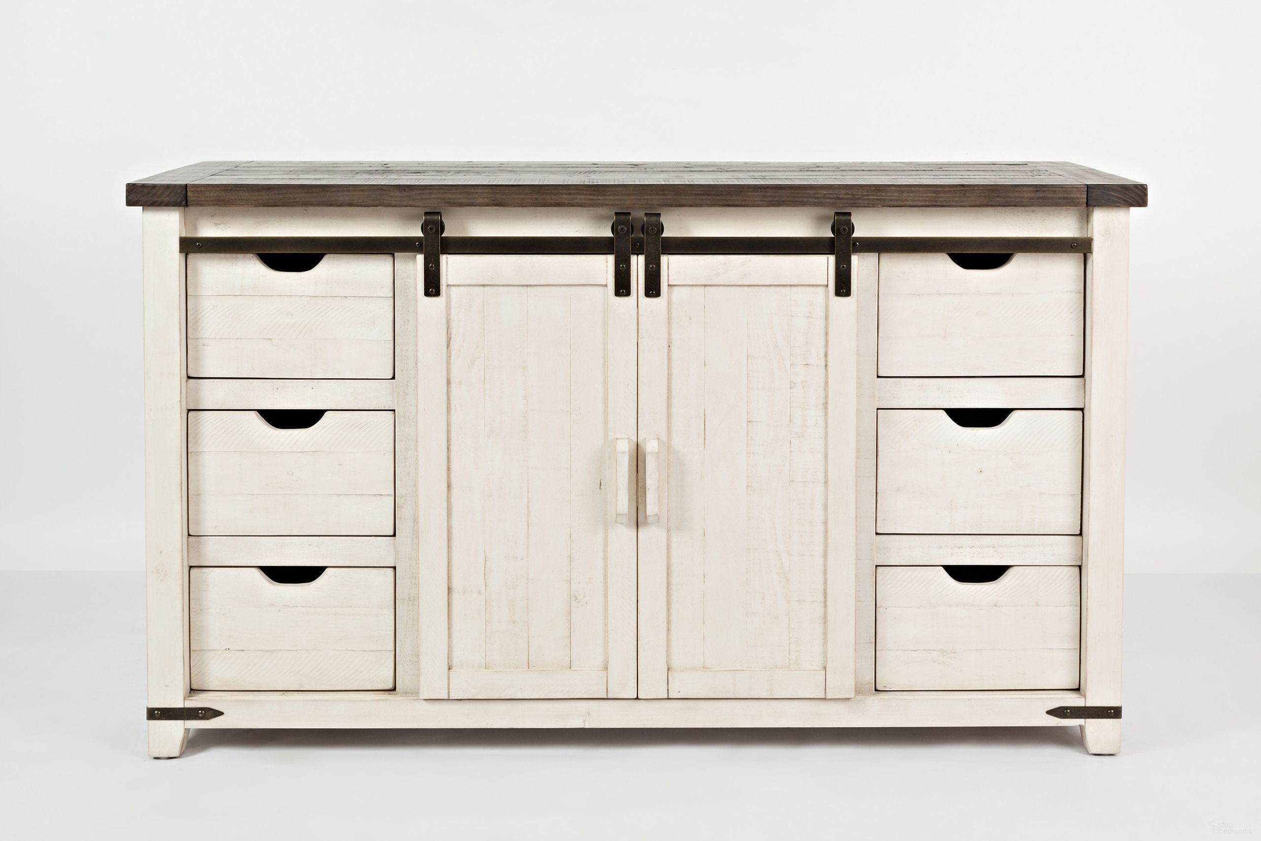 The appearance of Madison County 60 Inch Barn Door Server In Vintage White designed by Jofran in the transitional interior design. This vintage white piece of furniture  was selected by 1StopBedrooms from Madison County Collection to add a touch of cosiness and style into your home. Sku: 1706-35. Material: Pine.