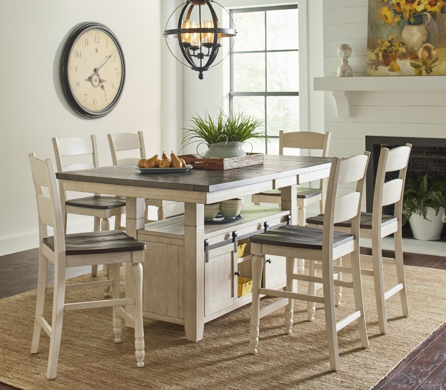 The appearance of Madison County Vintage White Extendable Counter Height Dining Room Set designed by Jofran in the transitional interior design. This white and brown piece of furniture was selected by 1StopBedrooms from Madison County Collection to add a touch of cosiness and style into your home. Sku: 1706-72TBKT;1706-BS401KD. Table Base Style: Legs. Table Top Shape: Rectangular. Material: Pine. Size: 72" x 42".