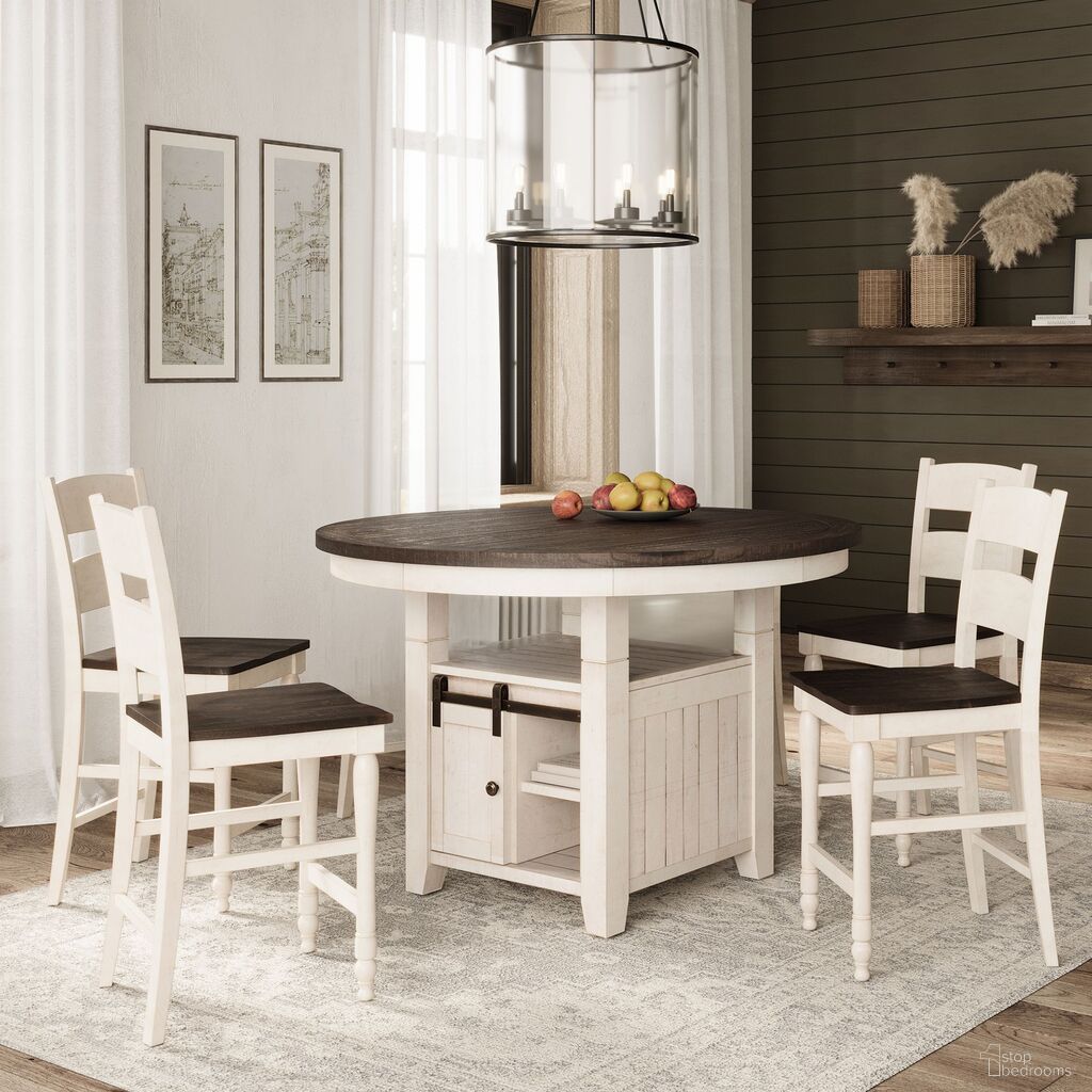 The appearance of Madison County 5 Piece Counter Height Round Dining Set In Vintage White designed by Jofran in the country / farmhouse interior design. This vintage white piece of furniture was selected by 1StopBedrooms from Madison County Collection to add a touch of cosiness and style into your home. Sku: 1706-54B;1706-54T;1706-BS401KD;1706-BS401KD. Table Base Style: Storage. Table Top Shape: Round. Material: Pine.