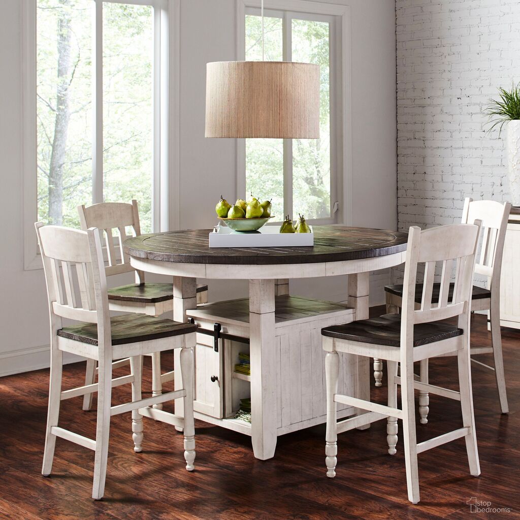 The appearance of Madison County 5 Piece Counter Height Round Dining Set In Vintage White designed by Jofran in the country / farmhouse interior design. This vintage white piece of furniture  was selected by 1StopBedrooms from Madison County Collection to add a touch of cosiness and style into your home. Sku: 1706-54B;1706-54T;1706-BS420KD;1706-BS420KD. Table Base Style: Storage. Table Top Shape: Round. Material: Pine.
