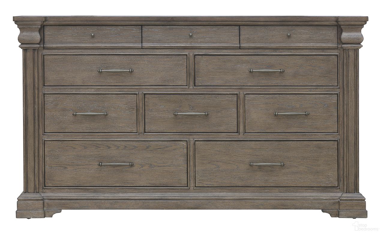 The appearance of Madison Ridge Brown 10 Drawer Dresser In Natural Bark designed by Pulaski in the traditional interior design. This natural bark piece of furniture was selected by 1StopBedrooms from Madison Ridge Brown Collection to add a touch of cosiness and style into your home. Sku: P413100. Material: Oak Veneer.