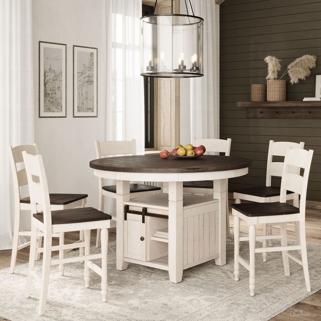 The appearance of Madison County 7 Piece Counter Height Round Dining Set In Vintage White designed by Jofran in the country / farmhouse interior design. This vintage white piece of furniture was selected by 1StopBedrooms from Madison County Collection to add a touch of cosiness and style into your home. Sku: 1706-54B;1706-54T;1706-BS401KD;1706-BS401KD;1706-BS401KD. Table Base Style: Storage. Table Top Shape: Round. Material: Pine.