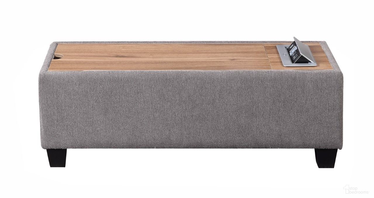 The appearance of Madison Upholstered Storage Ottoman Console Table with Wooden Top and 2 USB Ports In Light Gray designed by Lilola Home in the modern / contemporary interior design. This light gray piece of furniture  was selected by 1StopBedrooms from Madison Collection to add a touch of cosiness and style into your home. Sku: 81400-CE. Material: Woven.