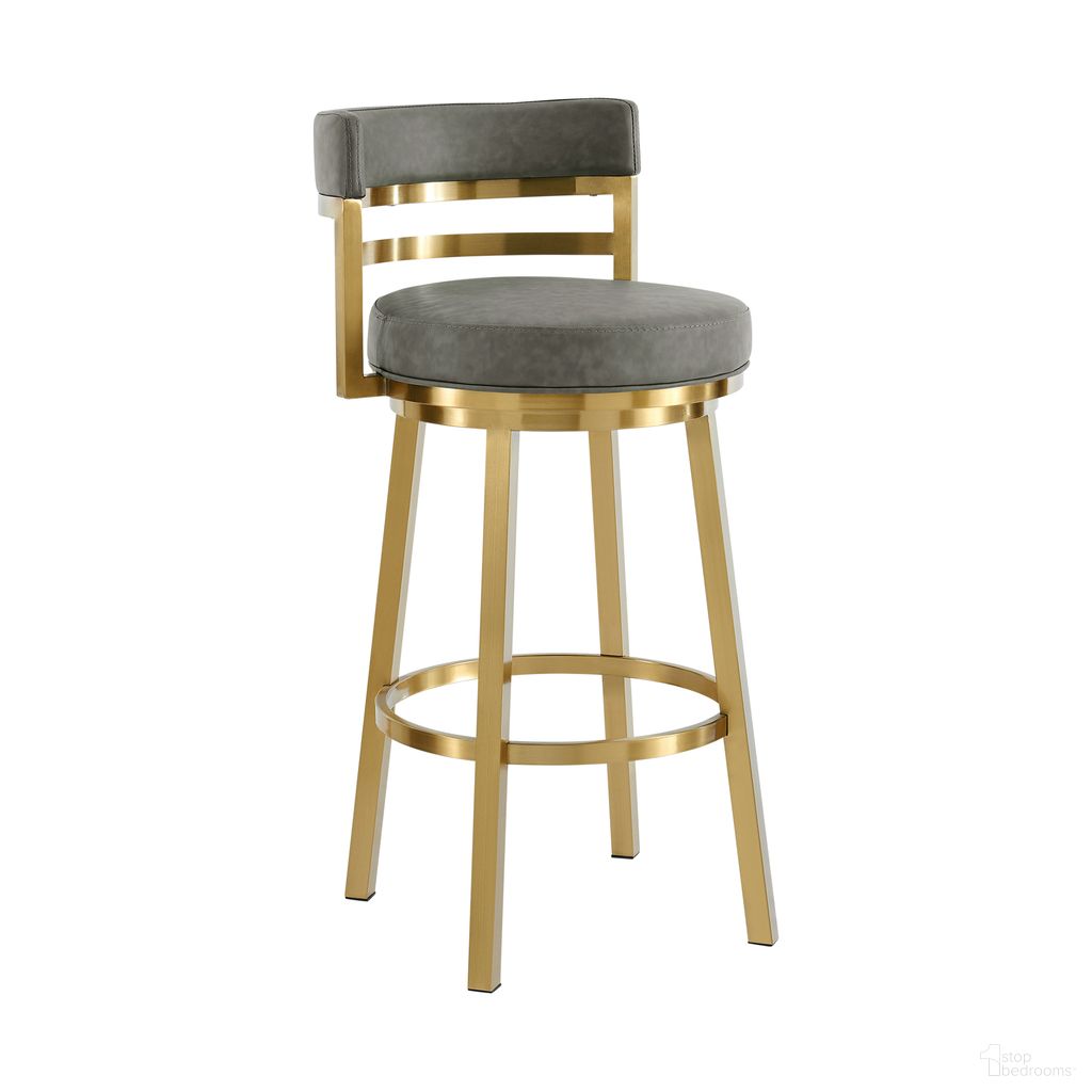 The appearance of Madrid 26 Inch Swivel Counter Stool with Gold Brushed Stainless Steel and Vintage Gray Faux Leather designed by Armen Living in the modern / contemporary interior design. This vintage gray piece of furniture  was selected by 1StopBedrooms from Madrid Collection to add a touch of cosiness and style into your home. Sku: LCMASWBABGLVGRY26. Material: Stainless Steel.