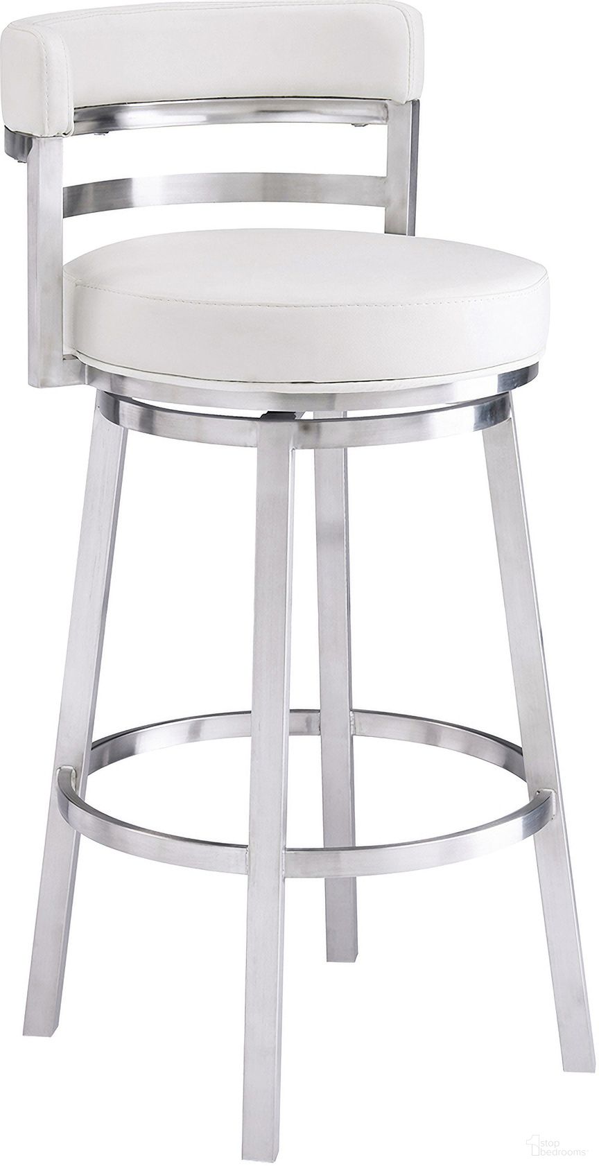 The appearance of Madrid 30 Inch Bar Height Swivel White Faux Leather and Brushed Stainless Steel Barstool designed by Armen Living in the modern / contemporary interior design. This white piece of furniture was selected by 1StopBedrooms from Madrid Collection to add a touch of cosiness and style into your home. Sku: LCMABABSWH30. Material: Stainless Steel.