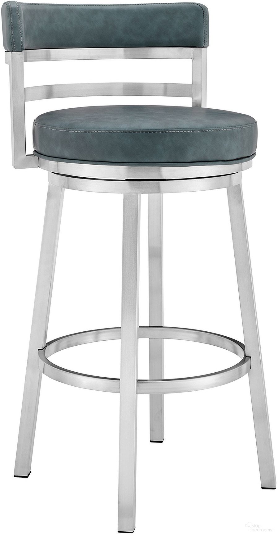 The appearance of Madrid 30 Inch Bar Height Swivel Blue Faux Leather and Brushed Stainless Steel Barstool designed by Armen Living in the modern / contemporary interior design. This blue piece of furniture was selected by 1StopBedrooms from Madrid Collection to add a touch of cosiness and style into your home. Sku: LCMABABSBLU30. Material: Stainless Steel.