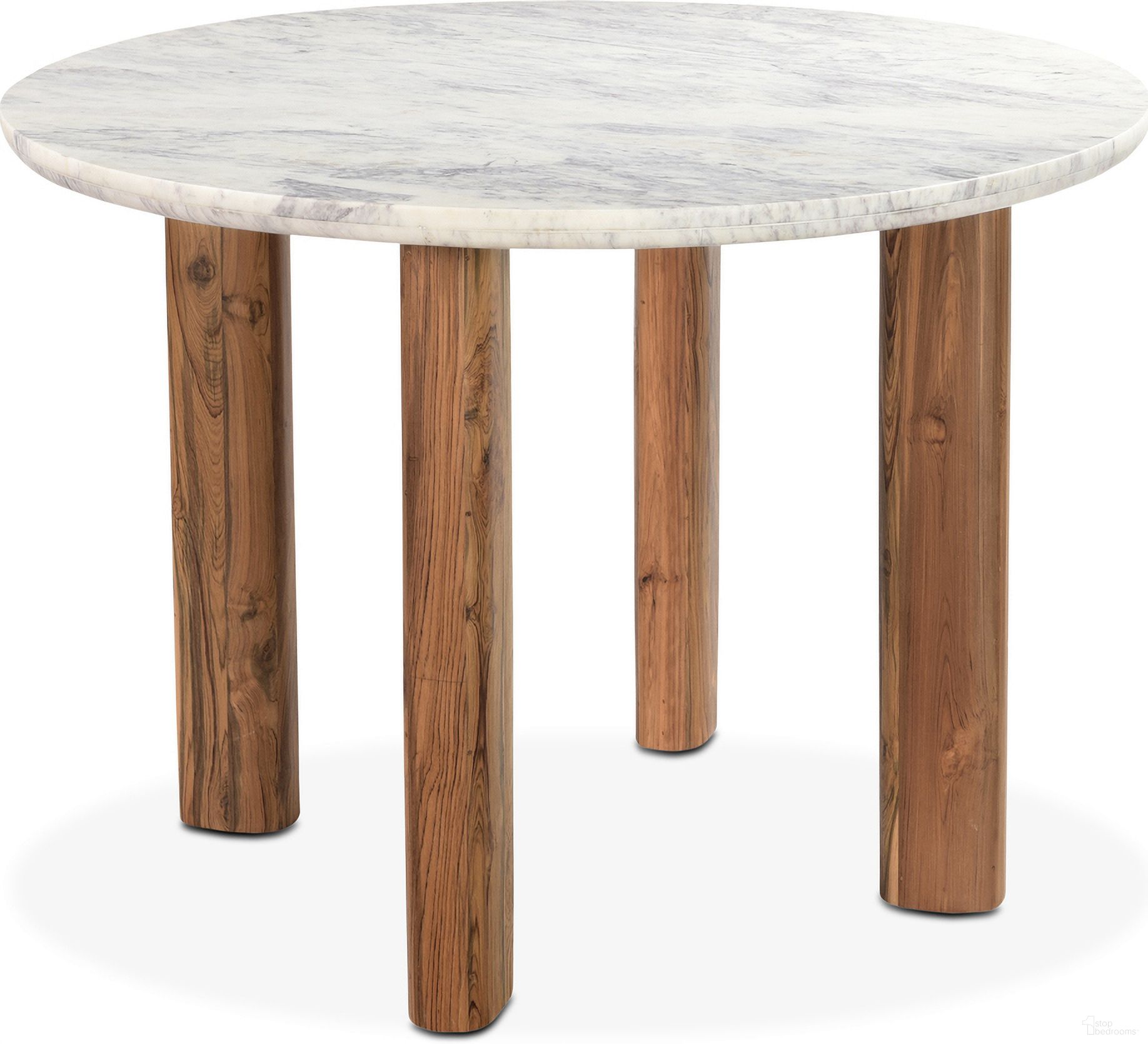 The appearance of Madrid Marble Dining Table with Reclaimed Teak Legs In White designed by Home Trends and Design in the rustic / southwestern interior design. This white piece of furniture  was selected by 1StopBedrooms from Madrid Collection to add a touch of cosiness and style into your home. Sku: ZWMADRD54. Table Base Style: Legs. Table Top Shape: Round. Material: Marble. Size: 54".
