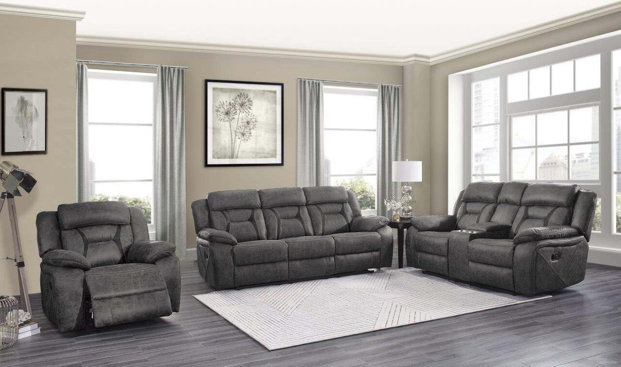 The appearance of Madrona Hill Gray Double Reclining Living Room Set designed by Homelegance in the modern / contemporary interior design. This gray piece of furniture  was selected by 1StopBedrooms from Madrona Hill Collection to add a touch of cosiness and style into your home. Sku: 9989GY-3;9989GY-2. Material: Microfiber.