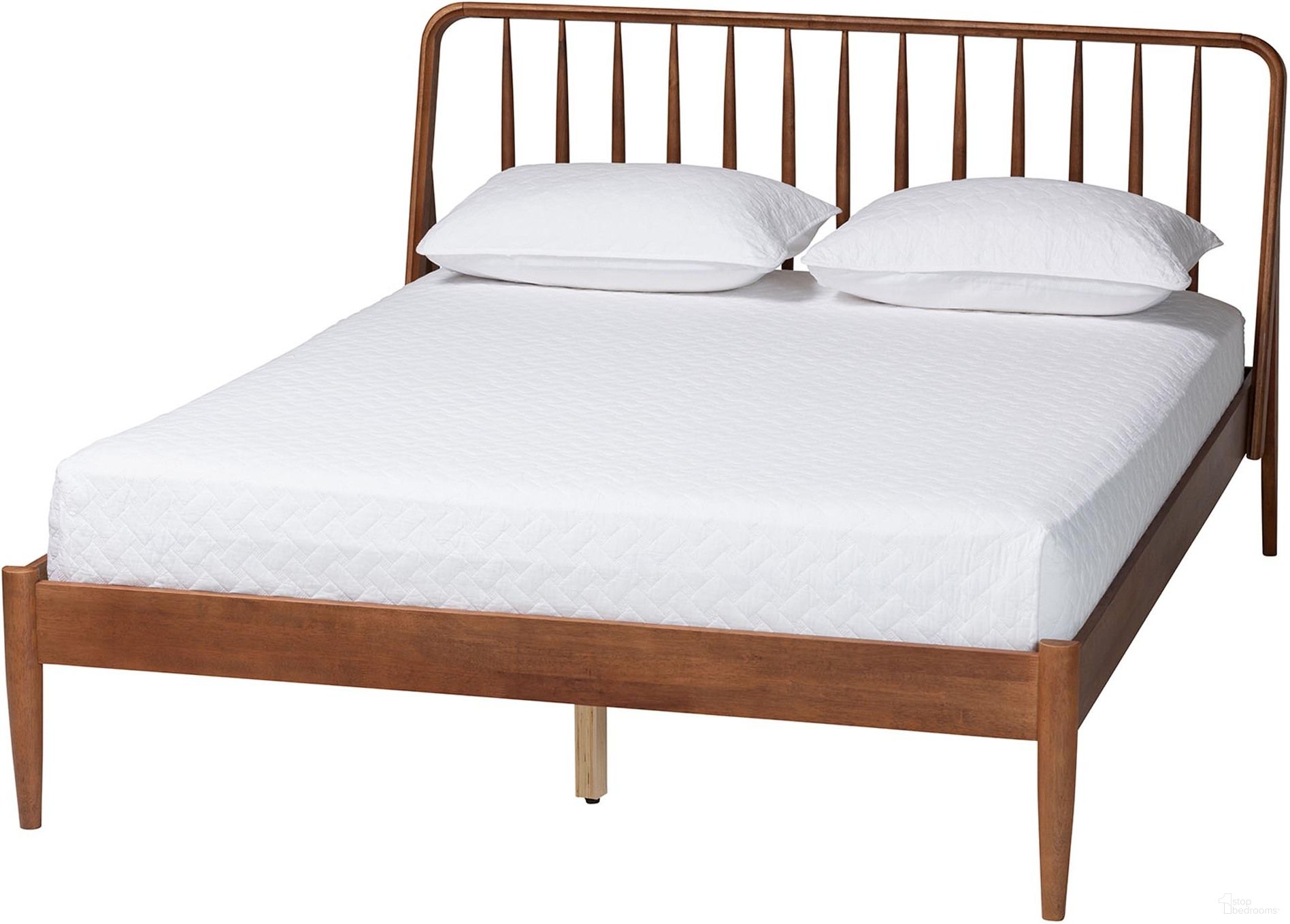 The appearance of Maeron Queen Platform Bed with Spindle Headboard In Walnut Brown designed by Baxton Studio in the transitional interior design. This walnut brown piece of furniture  was selected by 1StopBedrooms from Maeron Collection to add a touch of cosiness and style into your home. Sku: MG0235-1-Walnut-Queen. Bed Type: Platform Bed. Bed Size: Queen. Material: Rubberwood.