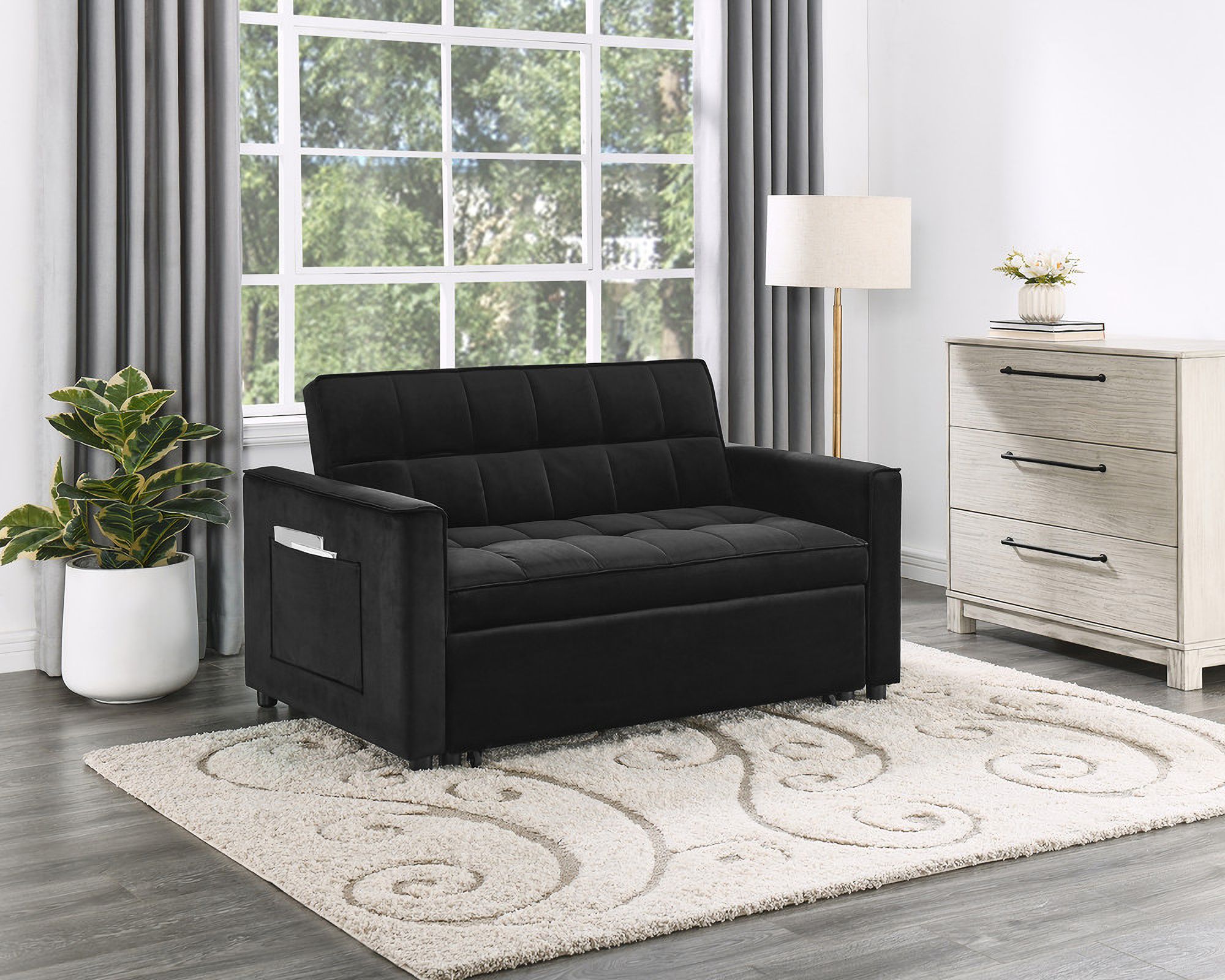 The appearance of Maeve 53.5 Inch Velvet Convertible Sleeper Loveseat with Tufting and Side Pocket In Black designed by Lilola Home in the modern / contemporary interior design. This black piece of furniture  was selected by 1StopBedrooms from Maeve Collection to add a touch of cosiness and style into your home. Sku: 81418. Material: Fabric.