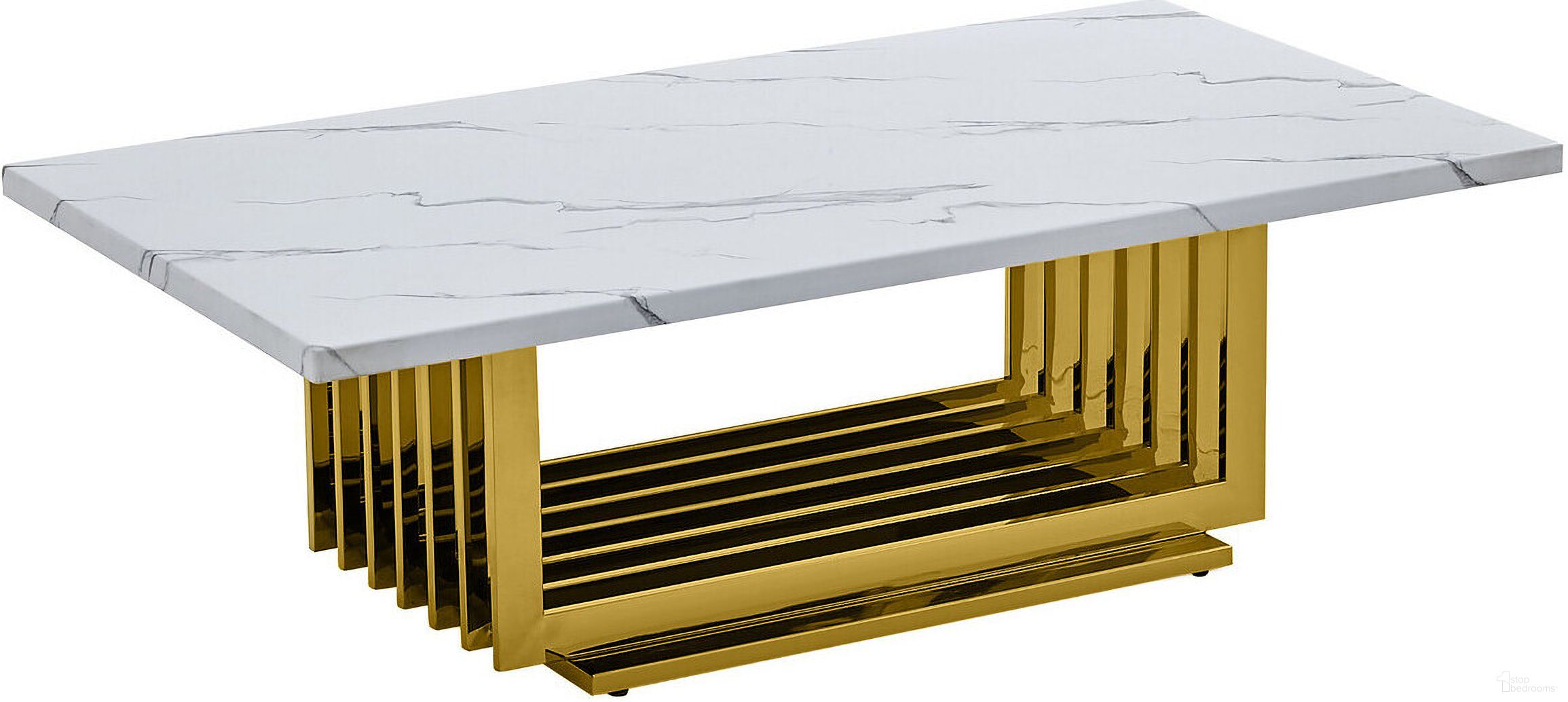The appearance of Magda Coffee Table In White Marble and Gold Stainless Steel Base designed by Best Quality Furniture in the modern / contemporary interior design. This white and gold piece of furniture  was selected by 1StopBedrooms from Magda Collection to add a touch of cosiness and style into your home. Sku: CT313-T;CT313-B. Material: Marble.