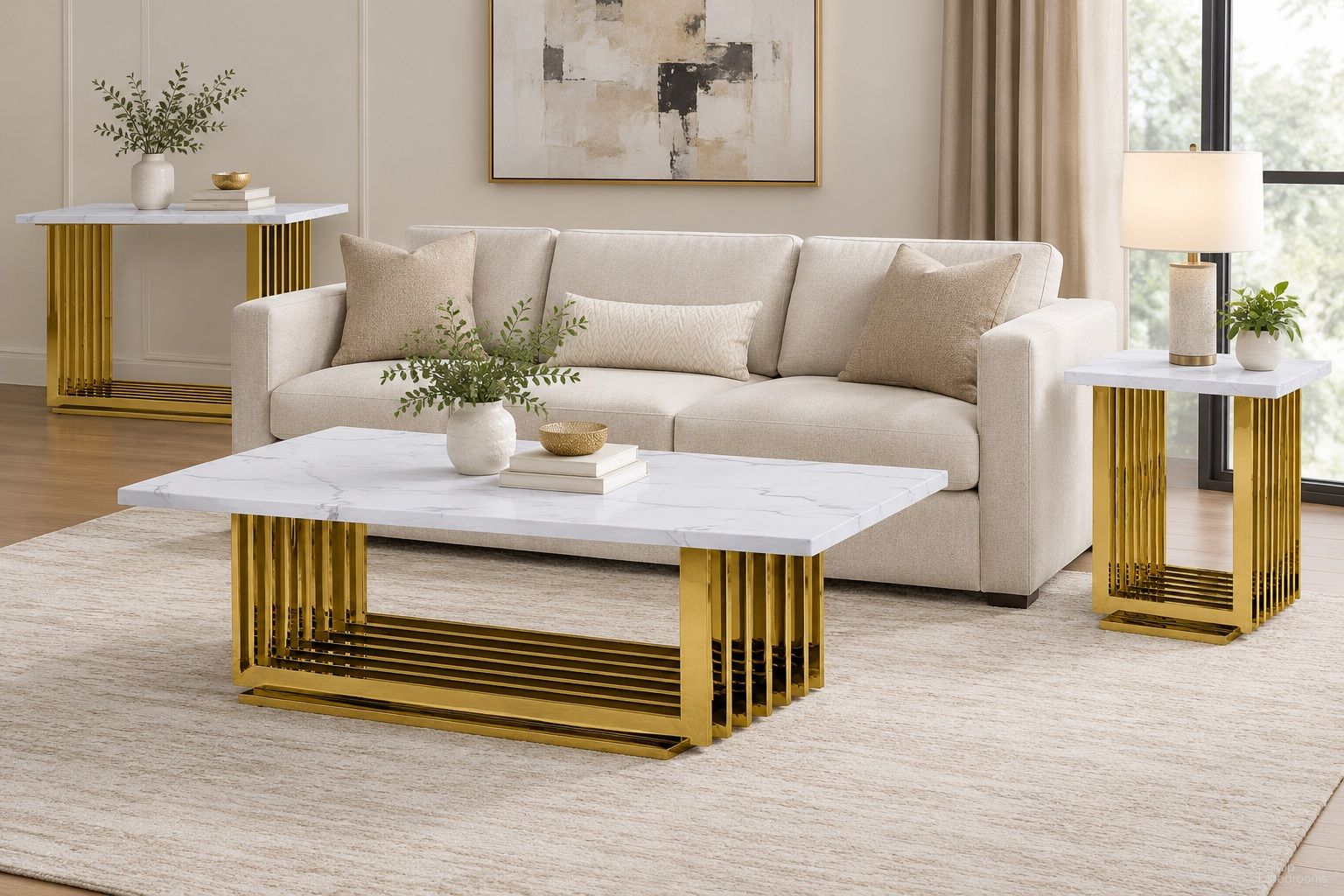 Magda Occasional Table Set In White Marble and Gold Stainless Steel Base
