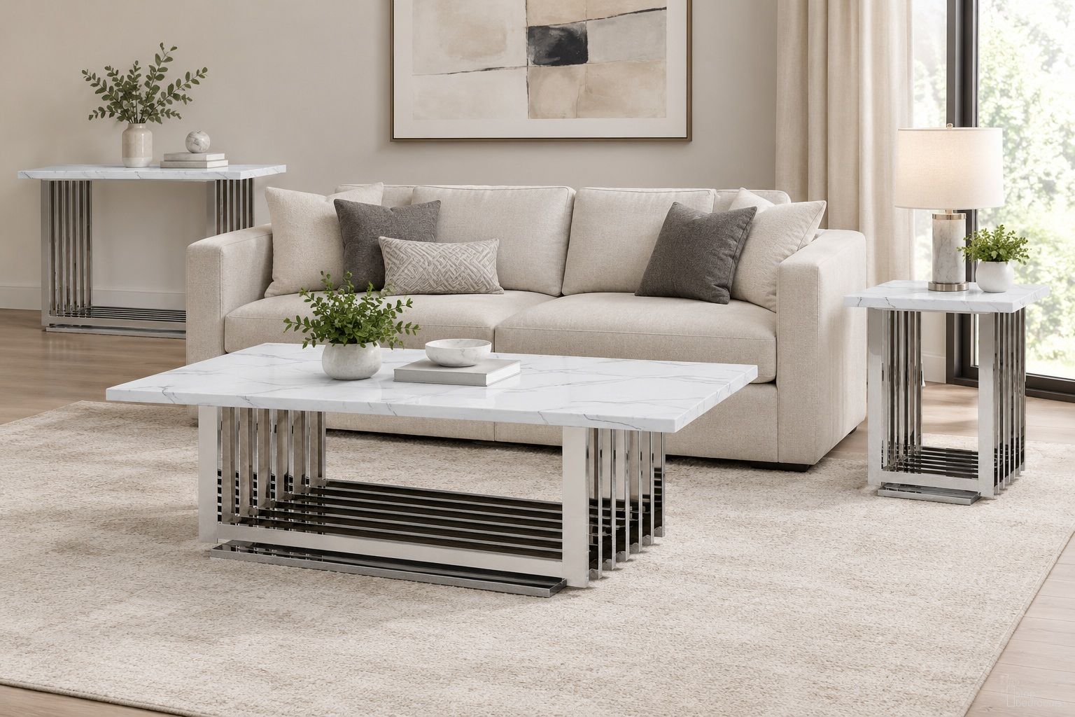 Magda Occasional Table Set In White Marble and Stainless Steel Base