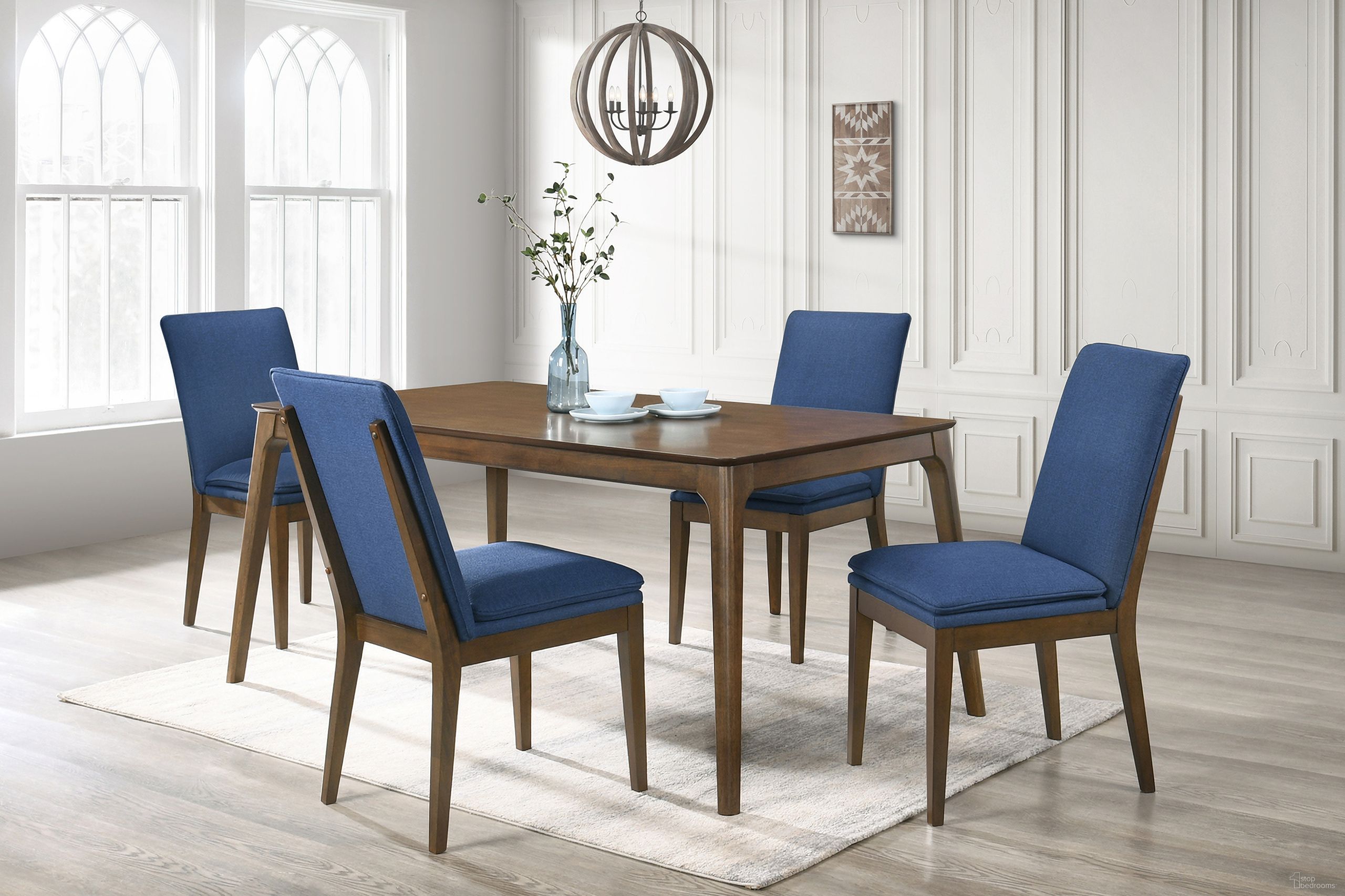 The appearance of Maggie Dining Room Set In Walnut And Blue designed by New Classic in the modern / contemporary interior design. This blue and walnut piece of furniture was selected by 1StopBedrooms from Maggie Collection to add a touch of cosiness and style into your home. Sku: D7185B-10;D7185B-20-BLU. Material: Wood. Table Top Shape: Rectangular. Size: 66" x 35".