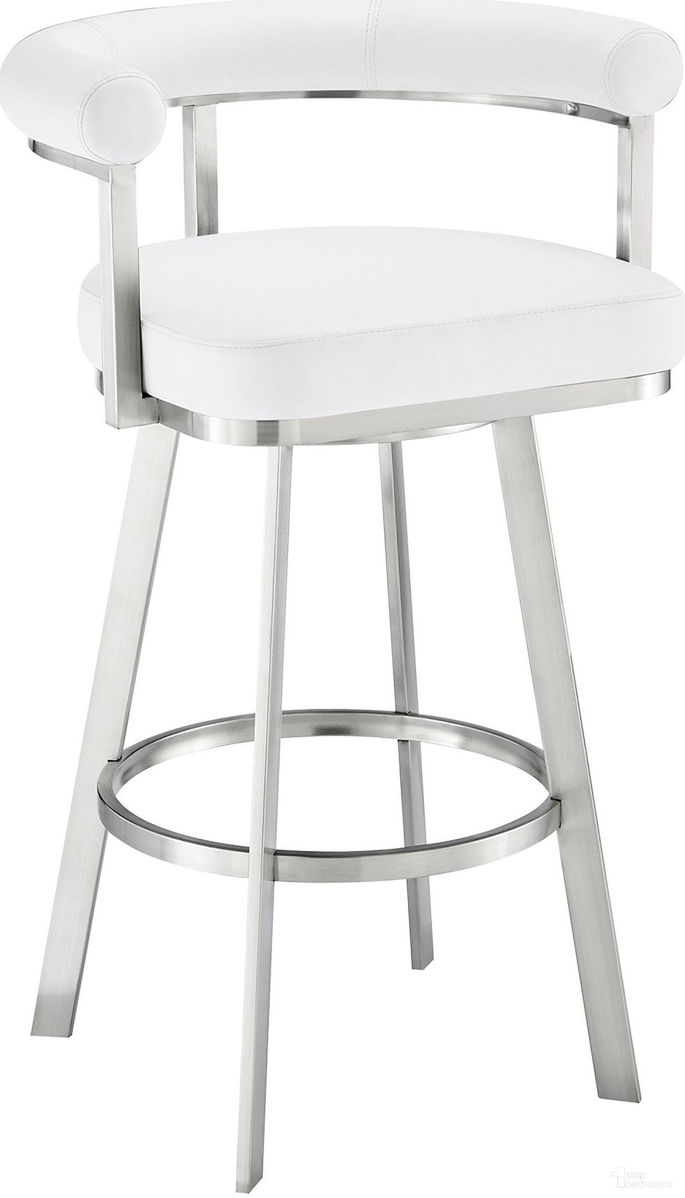 The appearance of Magnolia 26 Inch Swivel Counter Stool In Brushed Stainless Steel with White Faux Leather designed by Armen Living in the modern / contemporary interior design. This white piece of furniture was selected by 1StopBedrooms from Magnolia Collection to add a touch of cosiness and style into your home. Sku: LCMGBABSWHI26. Material: Faux Leather.