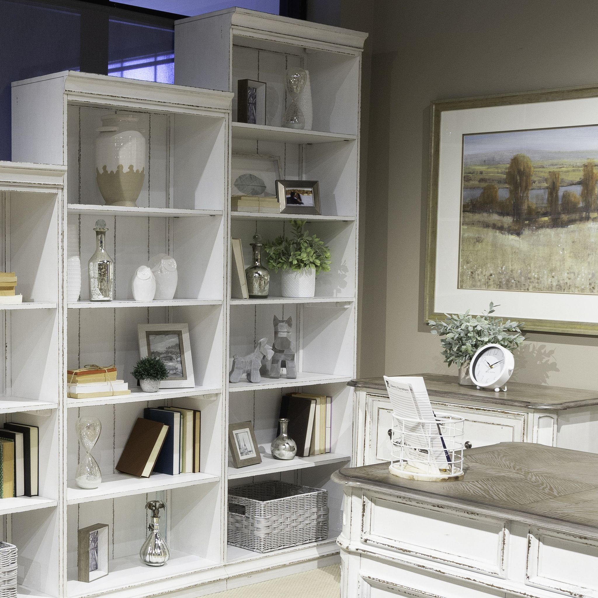 The appearance of Magnolia Manor 84 Inch Bookcase In Antique White and Weathered Bark designed by Liberty in the traditional interior design. This antique white/weathered bark piece of furniture was selected by 1StopBedrooms from Magnolia Manor Collection to add a touch of cosiness and style into your home. Sku: 244-HO3084. Material: Solid Rubberwood.