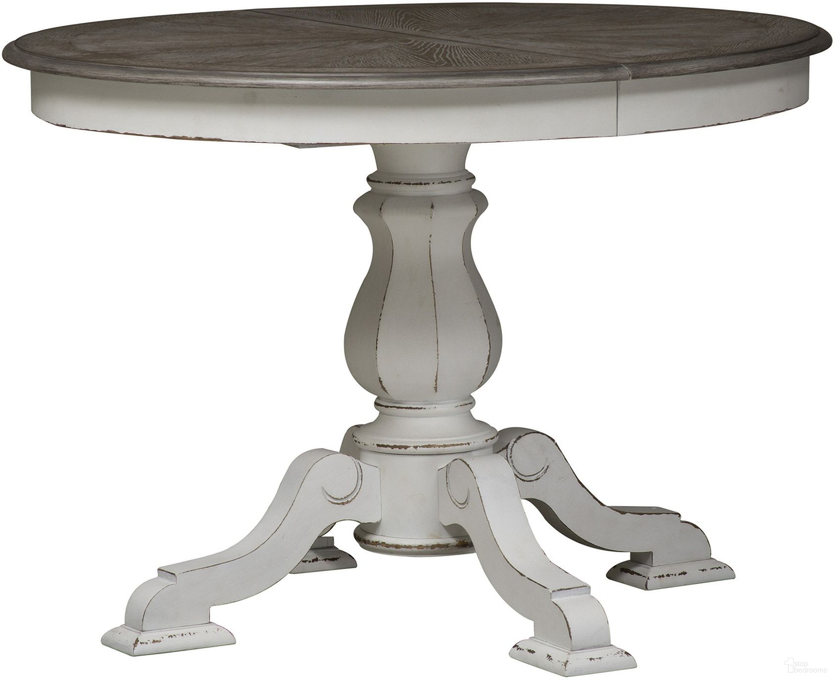 The appearance of Magnolia Manor Pedestal Table In Antique White and Weathered Bark designed by Liberty in the traditional interior design. This antique white/weathered bark piece of furniture  was selected by 1StopBedrooms from Magnolia Manor Collection to add a touch of cosiness and style into your home. Sku: 244-P4260;244-T4260. Table Base Style: Pedestal. Table Top Shape: Oval. Size: 60" x 42". Material: Solid Rubberwood.