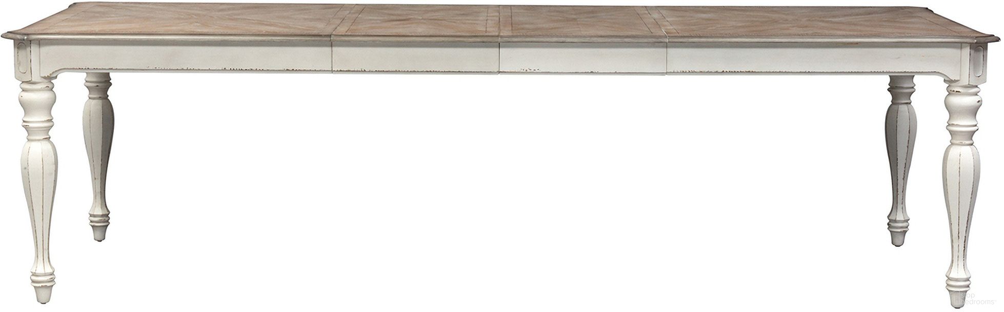 The appearance of Magnolia Manor Antique White Extendable Rectangular Dining Table designed by Liberty in the transitional interior design. This antique white piece of furniture was selected by 1StopBedrooms from Magnolia Manor Collection to add a touch of cosiness and style into your home. Sku: 244-T4408. Table Base Style: Legs. Material: Fabric. Table Top Shape: Rectangular. Size: 108" x 44".