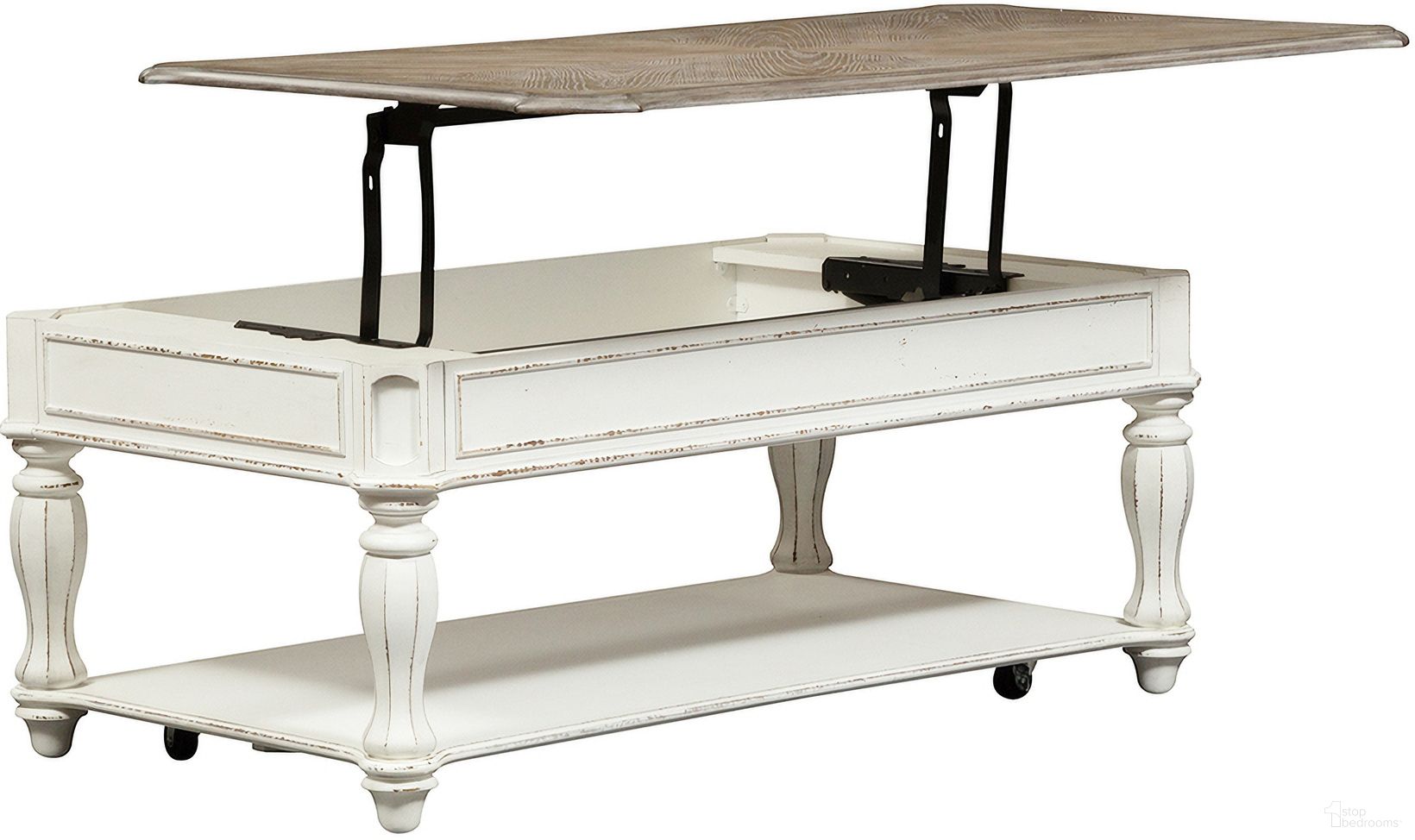 The appearance of Magnolia Manor Antique White Lift Top Cocktail Table designed by Liberty in the traditional interior design. This antique white piece of furniture was selected by 1StopBedrooms from Magnolia Manor Collection to add a touch of cosiness and style into your home. Sku: 244-OT1012. Material: Rubberwood.