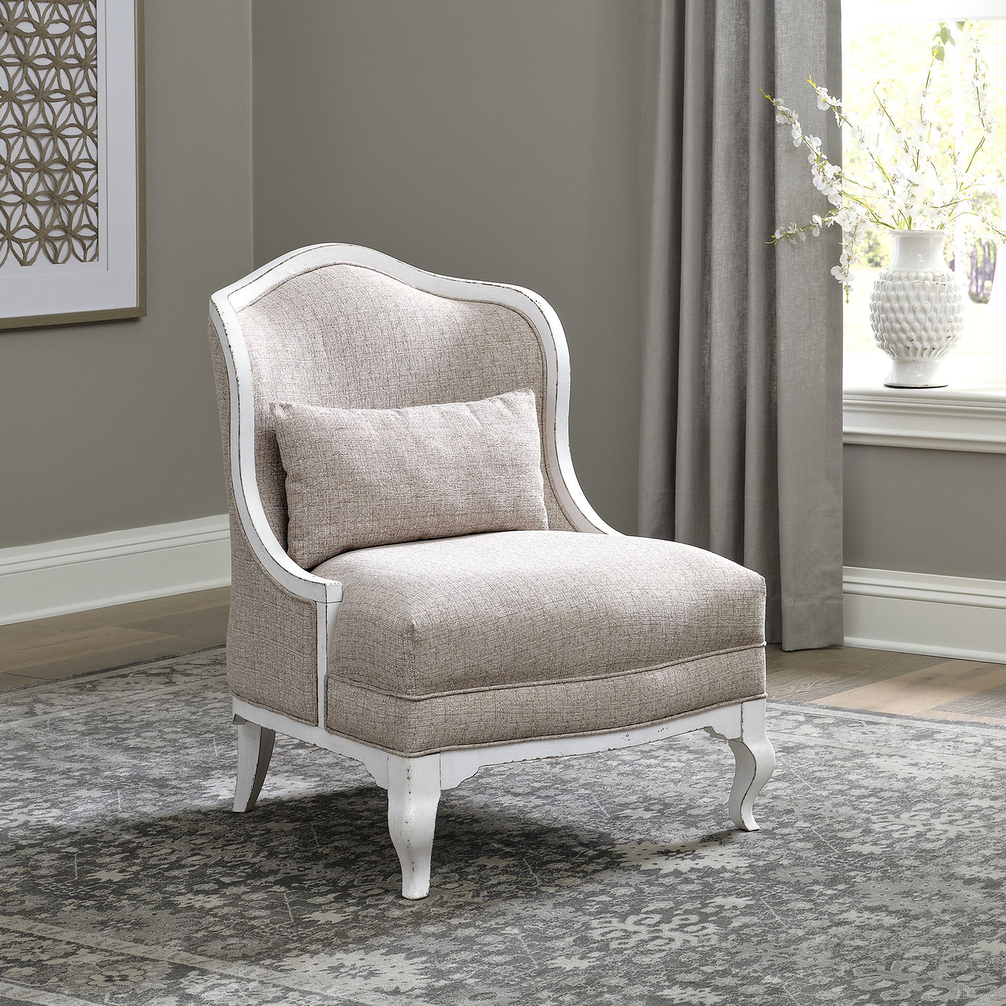 The appearance of Magnolia Manor Upholstered Accent Chair In White designed by Liberty in the traditional interior design. This white piece of furniture  was selected by 1StopBedrooms from Magnolia Manor Collection to add a touch of cosiness and style into your home. Sku: 244-ACH15. Material: Poplar.