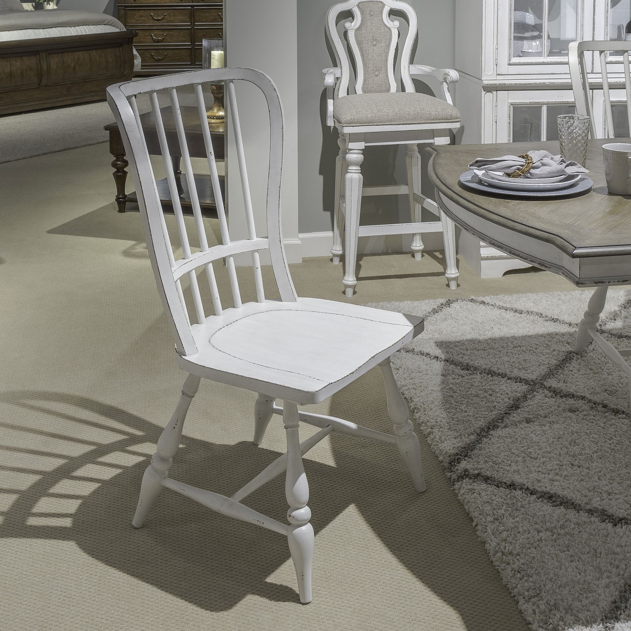 The appearance of Magnolia Manor Windsor Back Side Chair Set of 2 In Antique White and Weathered Bark designed by Liberty in the traditional interior design. This antique white/weathered bark piece of furniture was selected by 1StopBedrooms from Magnolia Manor Collection to add a touch of cosiness and style into your home. Sku: 244-C1000S. Material: Solid Rubberwood. Chair Type: Side Chair.