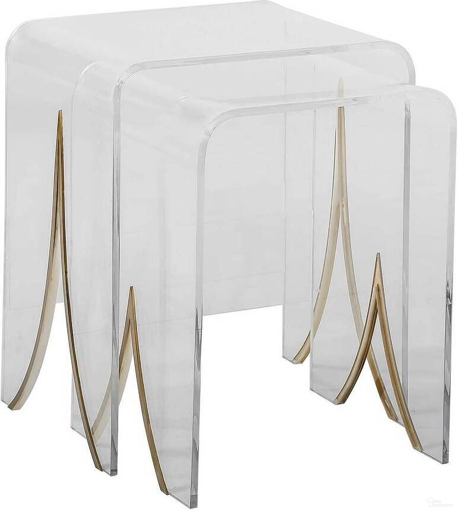 The appearance of Magnolia Nesting Tables In Brushed Brass and Clear designed by Gabby in the transitional interior design. This brushed brass/clear piece of furniture  was selected by 1StopBedrooms from Magnolia Collection to add a touch of cosiness and style into your home. Sku: SCH-151120. Material: Acrylic.