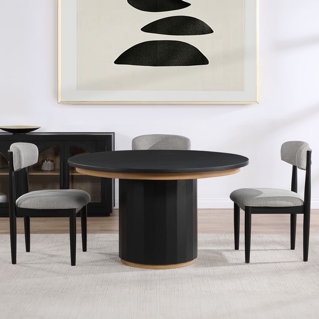 The appearance of Magnolia Round Dining Set In Black and Gold designed by Steve Silver in the transitional interior design. This black/gold piece of furniture was selected by 1StopBedrooms from Magnolia Collection to add a touch of cosiness and style into your home. Sku: MM520KTT;MM520KTB;MM520KS. Table Top Shape: Round. Material: Iron. Size: 52".