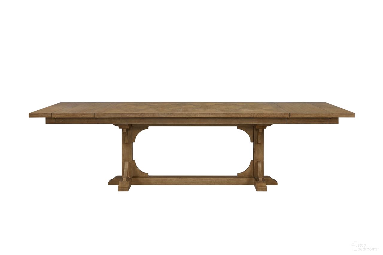 The appearance of Magnolia Trestle Table In Almond designed by Bernell in the transitional interior design. This almond piece of furniture was selected by 1StopBedrooms from Magnolia Collection to add a touch of cosiness and style into your home. Sku: 3400-502-A. Table Base Style: Trestle. Table Top Shape: Rectangular. Material: Hickory. Size: 114" x 44".