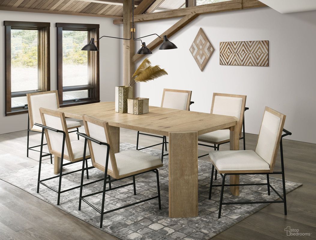 The appearance of Magnus 66 Inch Extendable Rectangular Dining Table Set with Cream Color Upholstered Chairs In Oak designed by Lilola Home in the modern / contemporary interior design. This oak piece of furniture was selected by 1StopBedrooms from Magnus Collection to add a touch of cosiness and style into your home. Sku: 30035-TOP;30035-BASE;30036-C;30036-C;30036-C. Table Base Style: Legs. Material: Wood. Table Top Shape: Rectangular.