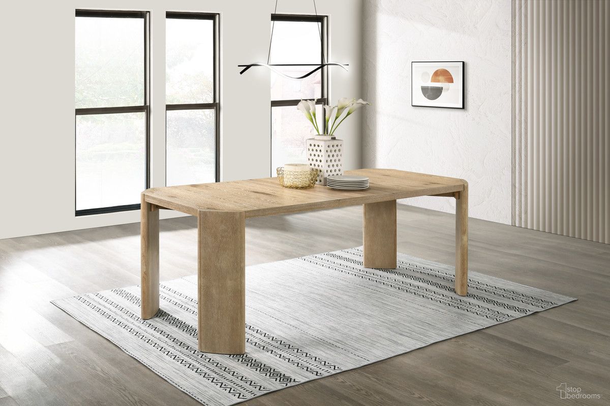 The appearance of Magnus 84 Inch Extendable Rectangular Dining Table In Oak designed by Lilola Home in the modern / contemporary interior design. This oak piece of furniture  was selected by 1StopBedrooms from Magnus Collection to add a touch of cosiness and style into your home. Sku: 30035-TOP;30035-BASE. Table Base Style: Legs. Material: Wood. Table Top Shape: Rectangular. Size: 38" x 66".