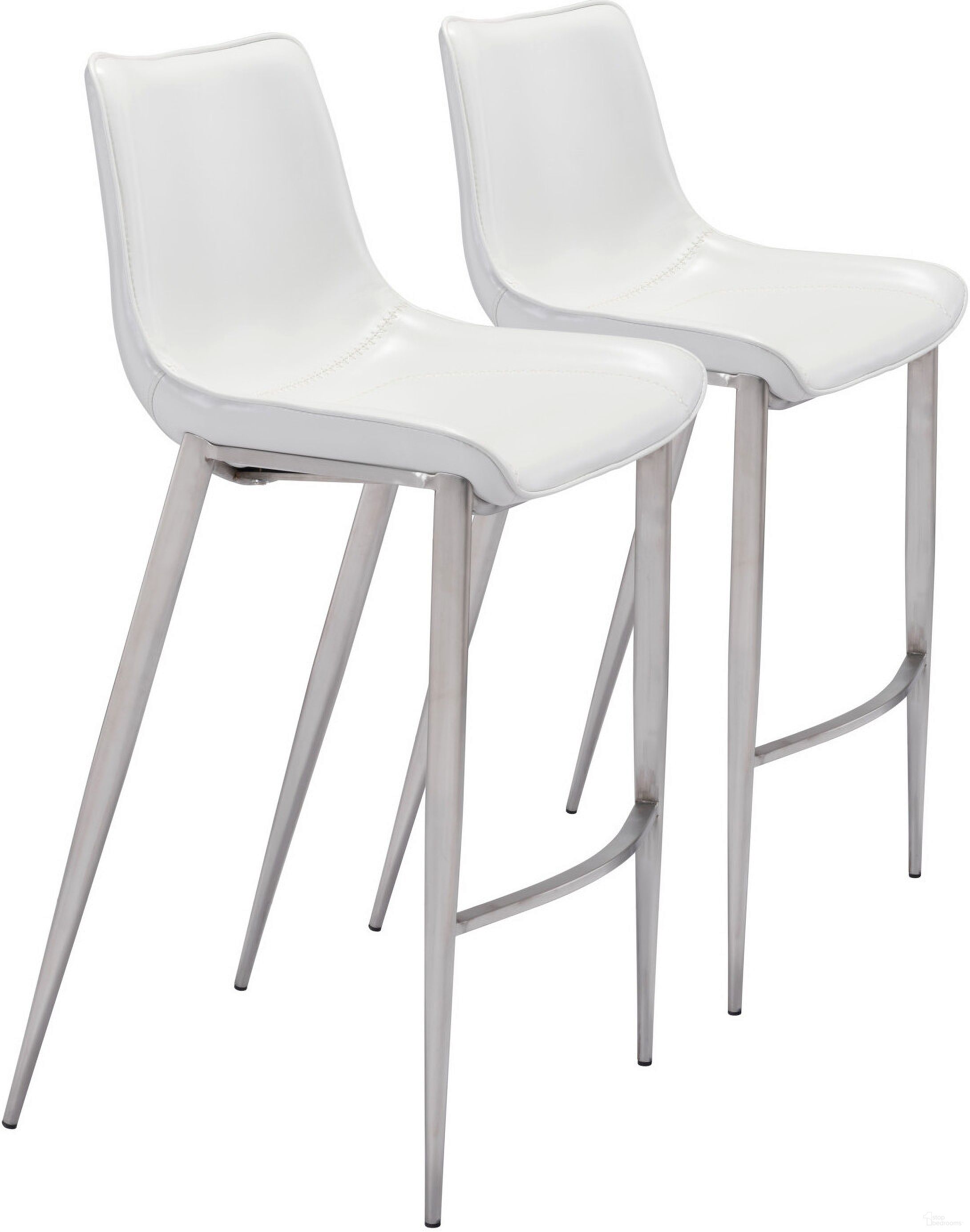 The appearance of Magnus Barstool Set of 2 In White and Silver designed by Zuo Modern in the modern / contemporary interior design. This white and silver piece of furniture was selected by 1StopBedrooms from Magnus Collection to add a touch of cosiness and style into your home. Sku: 101275. Material: Polyurethane.