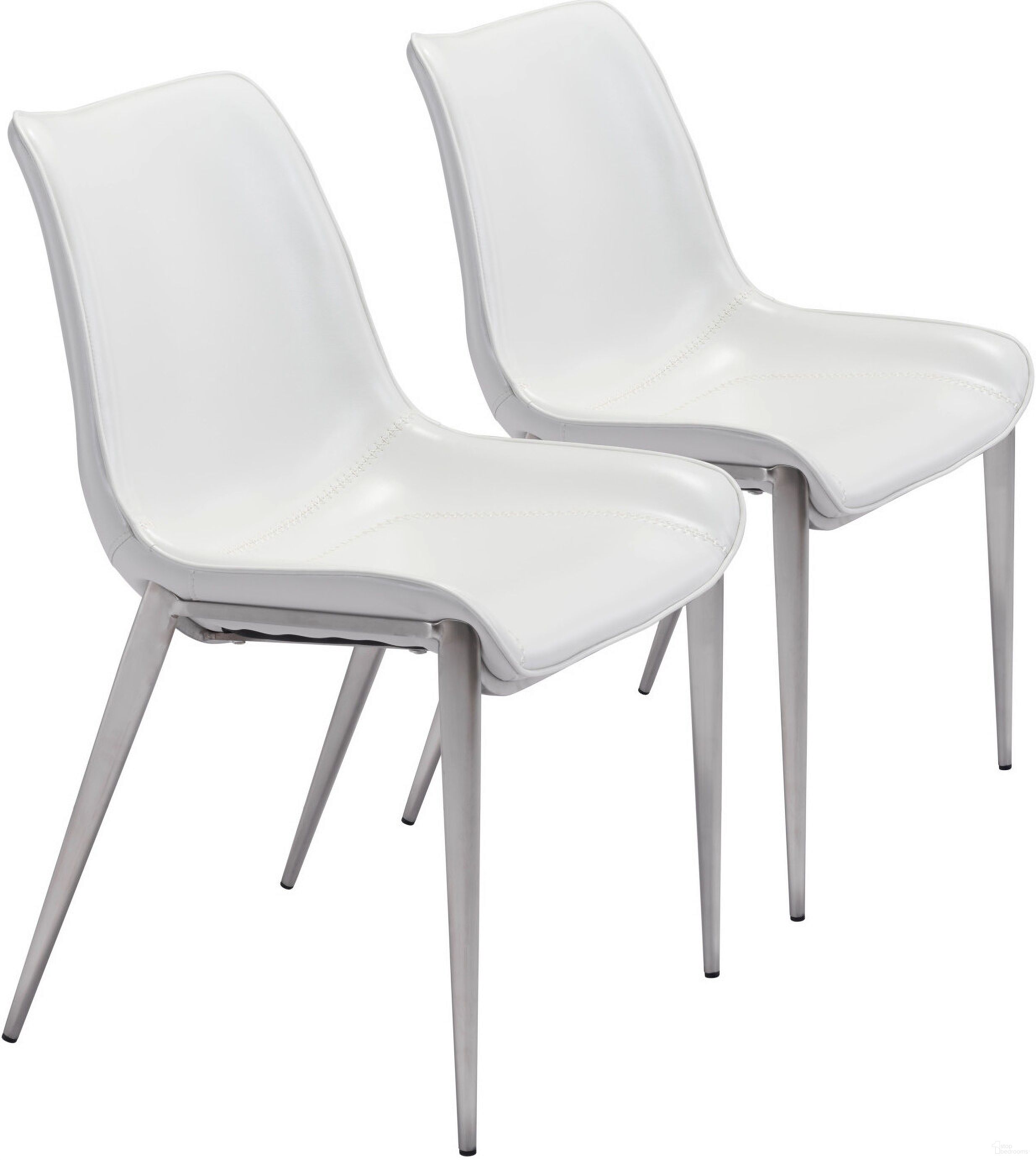 The appearance of Magnus Dining Chair Set of 2 In White and Silver designed by Zuo Modern in the modern / contemporary interior design. This white and silver piece of furniture  was selected by 1StopBedrooms from Magnus Collection to add a touch of cosiness and style into your home. Sku: 101270. Material: Polyurethane. Chair Type: Side Chair.
