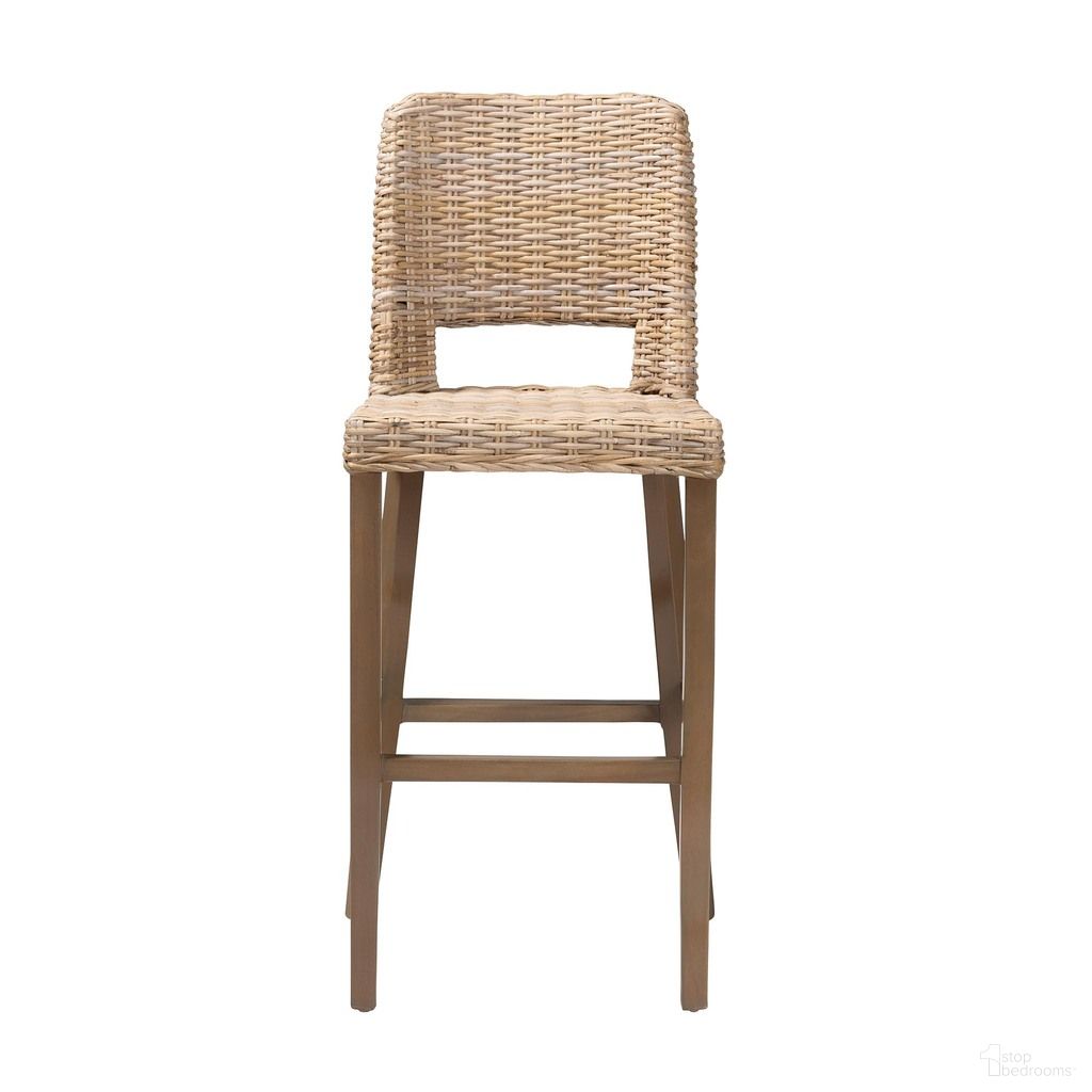 Magy Rattan and Mahogany Wood Bar Stool In Kubu Grey and Rustic Taupe